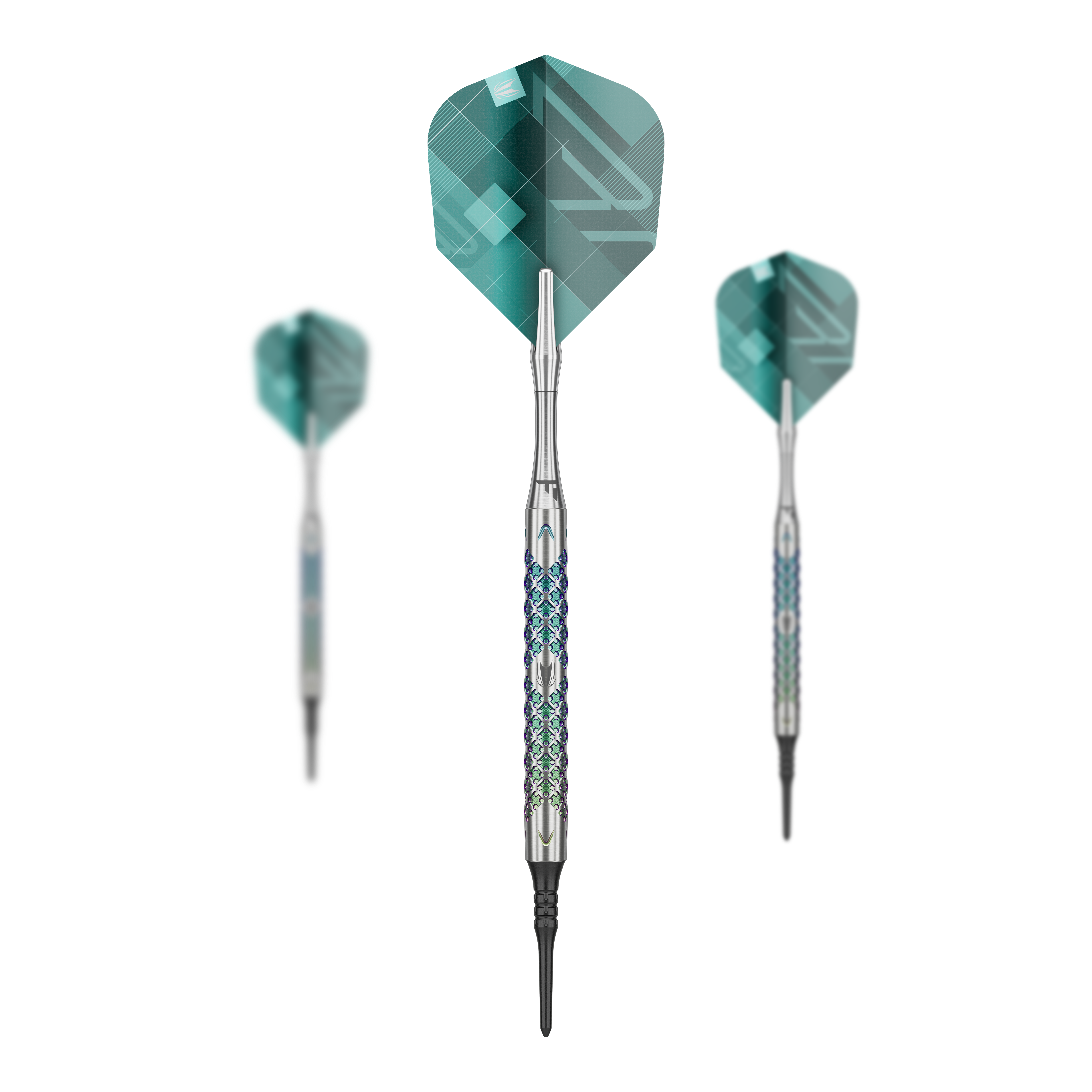 Target Rove 10 fléchettes souples Das Bild zeigt drei Softdarts des Modells "Target Rove 10" mit silbernen Schäften und grünen Flights. Die Darts sind elegant gestaltet und stehen vor einem schwarzen Hintergrund.