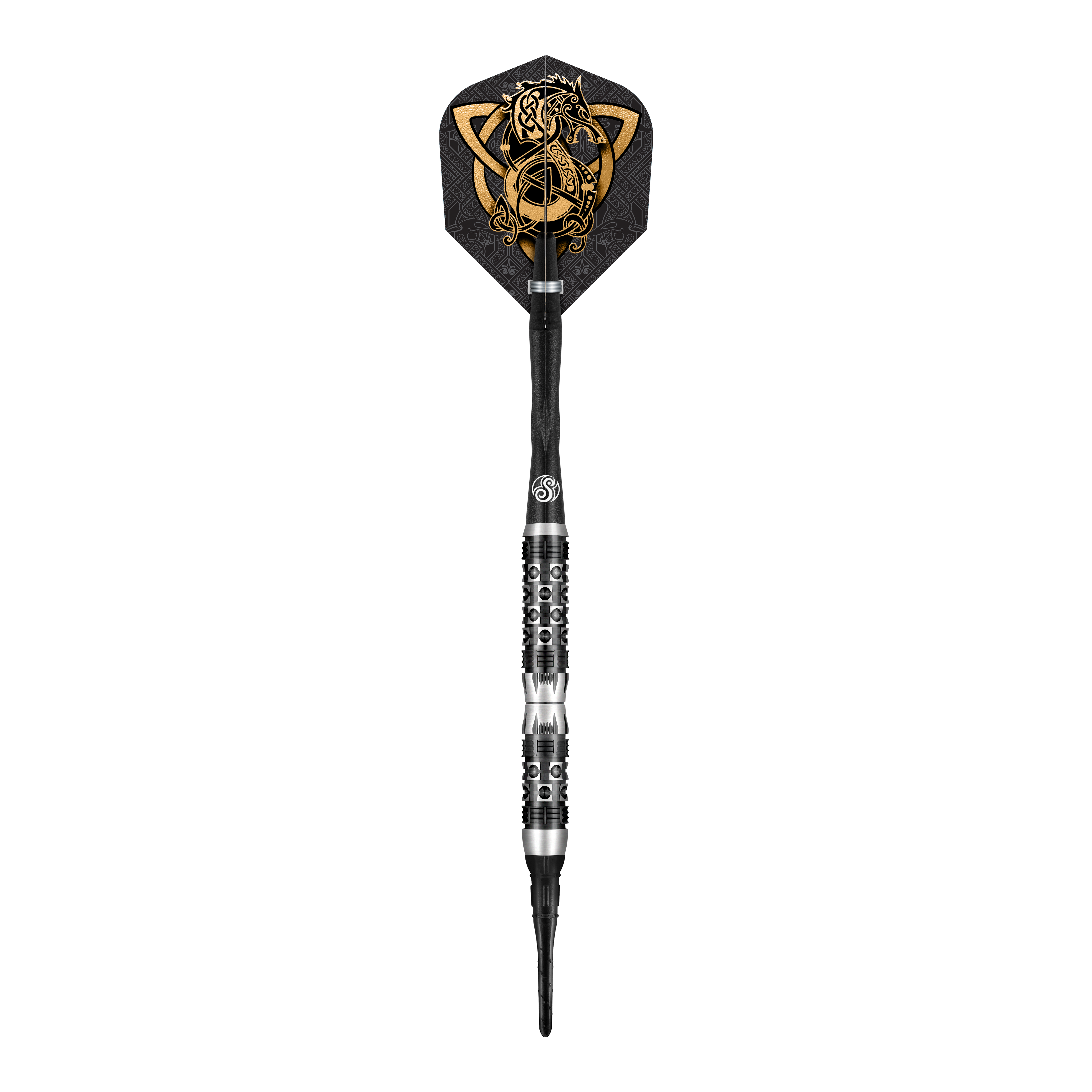 Fléchettes souples Shot Viking Wolf - 20 g Dies ist ein Softdart namens "Shot Viking Wolf Softdarts - 20g". Der Dartpfeil hat ein auffälliges schwarzes und silbernes Design mit einem goldenen Wikinger-Wolf auf der Flights.
