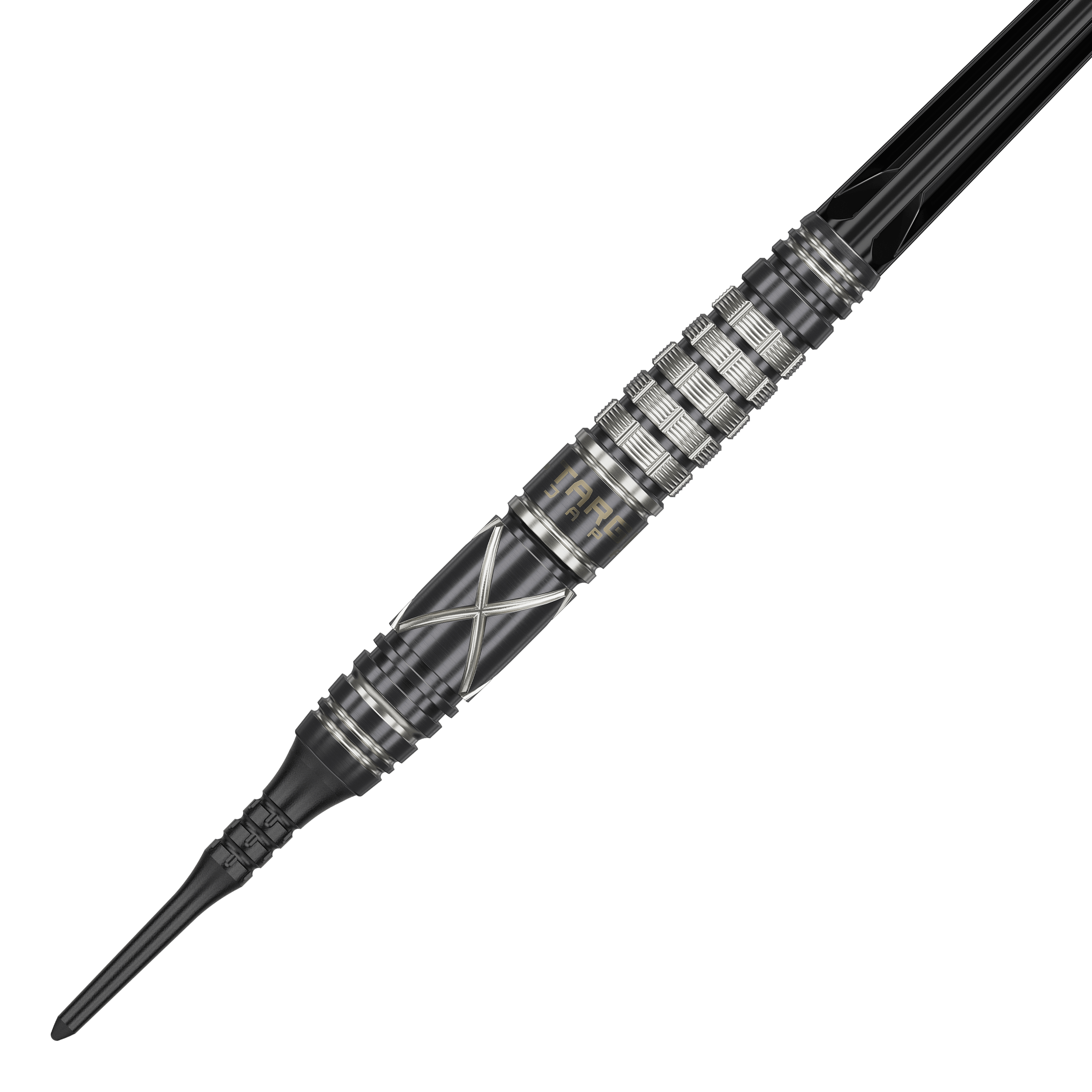 Fléchettes souples Target Japan Black Marque Chaos 2 - 19 g Auf dem Bild ist ein Softdart der Marke "Target Japan Black Marque Chaos 2" mit 19g Gewicht zu sehen. Der Dartpfeil hat ein schwarzes Design mit silbernen Akzenten und einer geriffelten Griffzone.