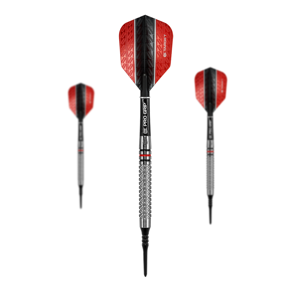 Fléchettes souples Target Vapor8 05 - 18 g Das Bild zeigt drei Softdarts des Modells "Target Vapor8 05" mit einem Gewicht von 18g. Die Darts haben rote und schwarze Flights sowie einen silbernen, strukturierten Griff.