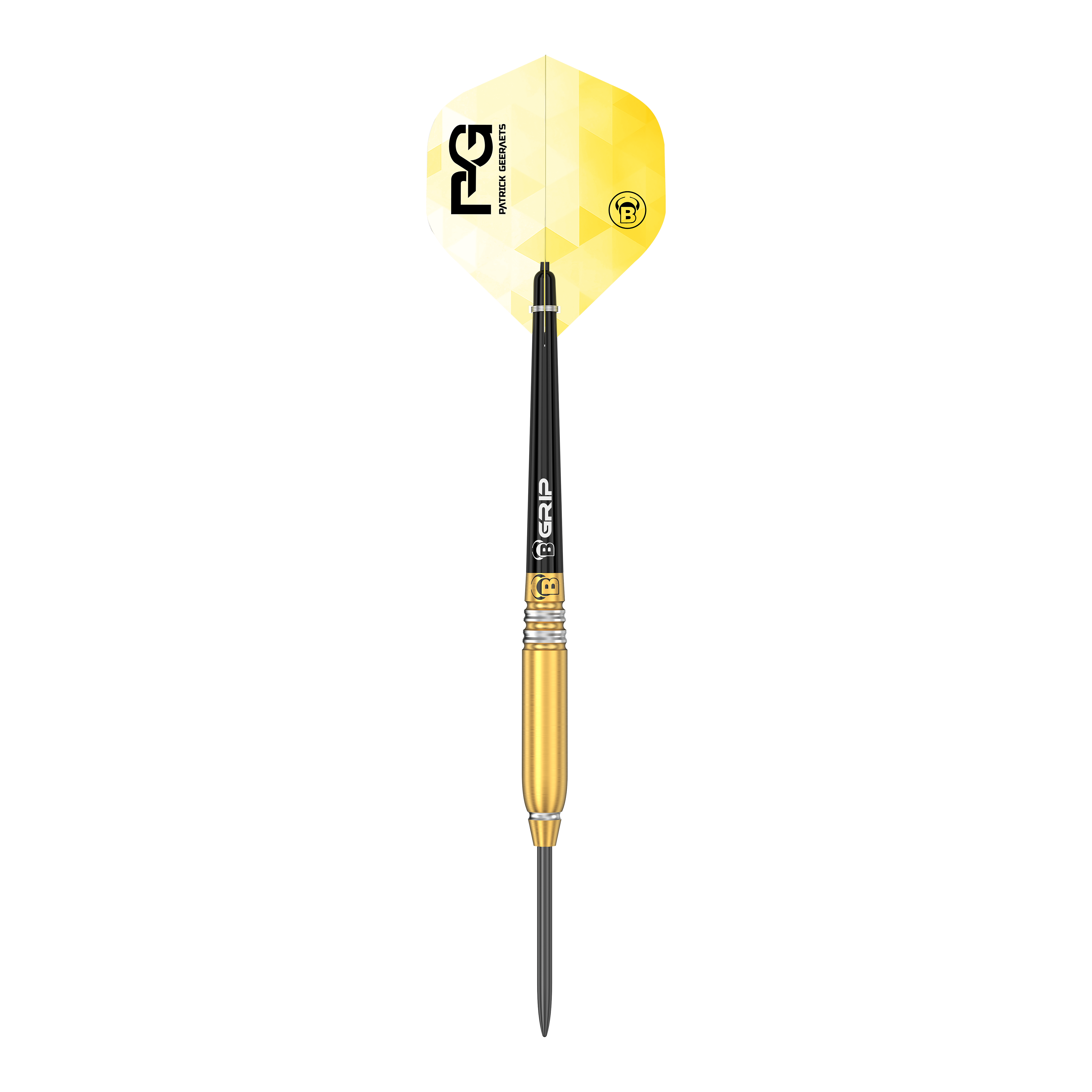 Das Bild zeigt einen Steeldart namens "Bulls Patrick Geeraets Steeldarts - 23g". Der Dartpfeil hat eine goldene Barrel, einen schwarzen Schaft und ein gelb-weißes Flight mit Logo.