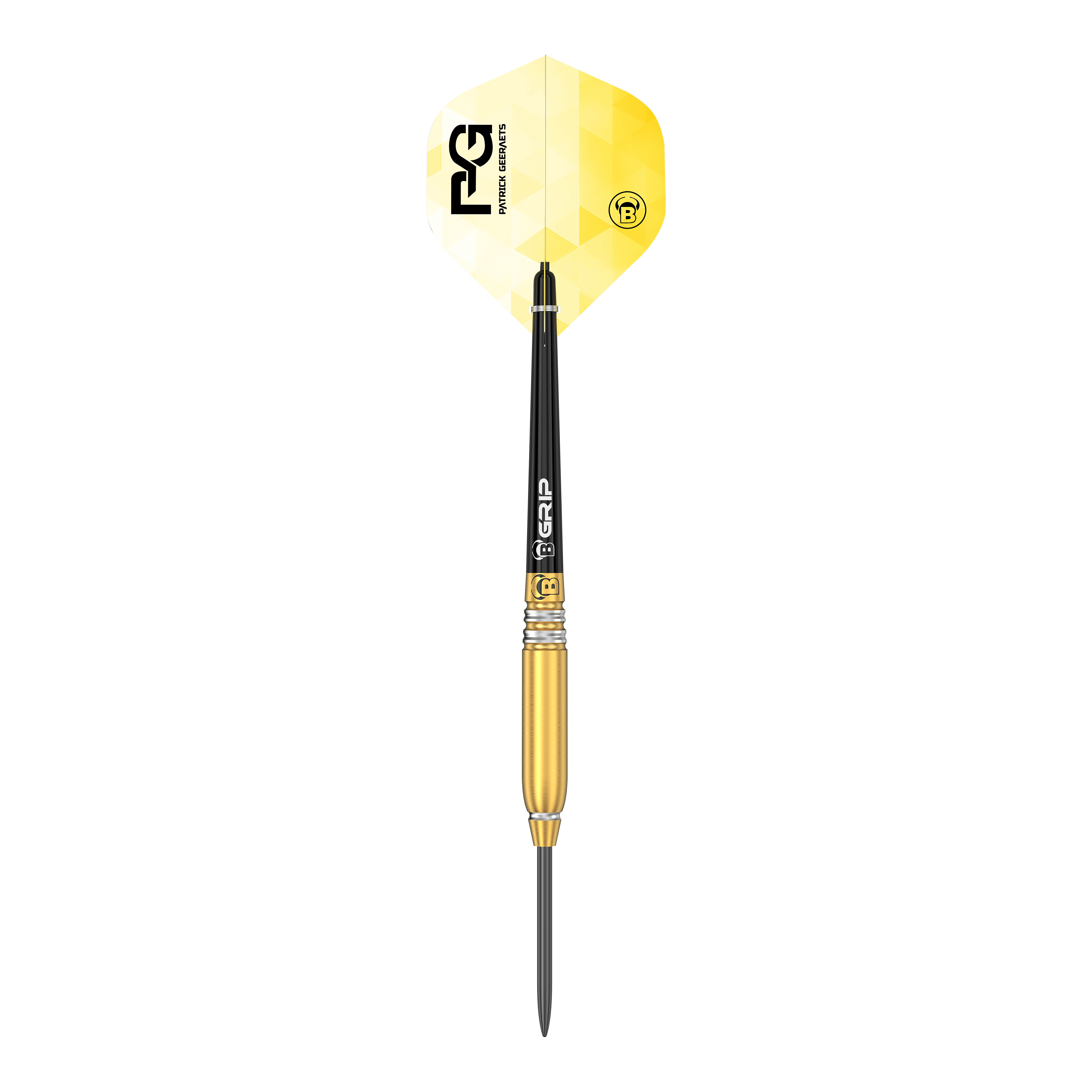 Bulls Patrick Geeraets Steeldarts - 23g Das Bild zeigt einen Steeldart namens "Bulls Patrick Geeraets Steeldarts - 23g". Der Dartpfeil hat eine goldene Barrel, einen schwarzen Schaft und ein gelb-weißes Flight mit Logo.