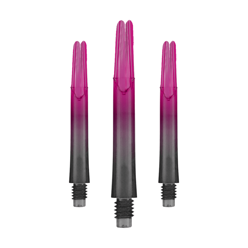 L-L-Style-Shaft Locked Straight Natural9 TwoTone Shafts - Rose Das Bild zeigt drei pink-schwarze Dartschäfte in gerader Form. Sie stehen aufrecht nebeneinander und haben Gewinde am unteren Ende.