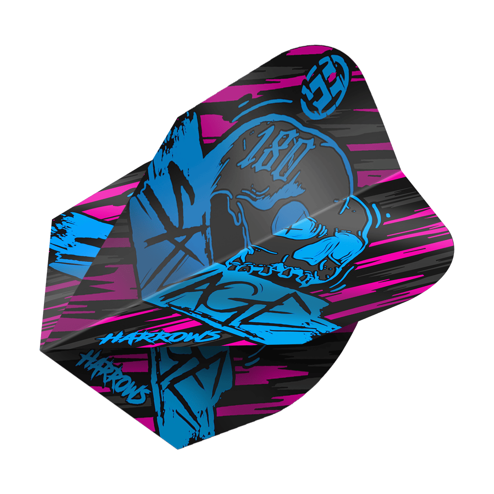 Ailettes No6 Savage Aqua Pink de Harrow's Das Bild zeigt das Produkt "Harrows Savage Aqua Pink No6 Flights". Das Design ist auffällig mit schwarzen, pinken und blauen Farben sowie einem Totenkopf-Motiv.