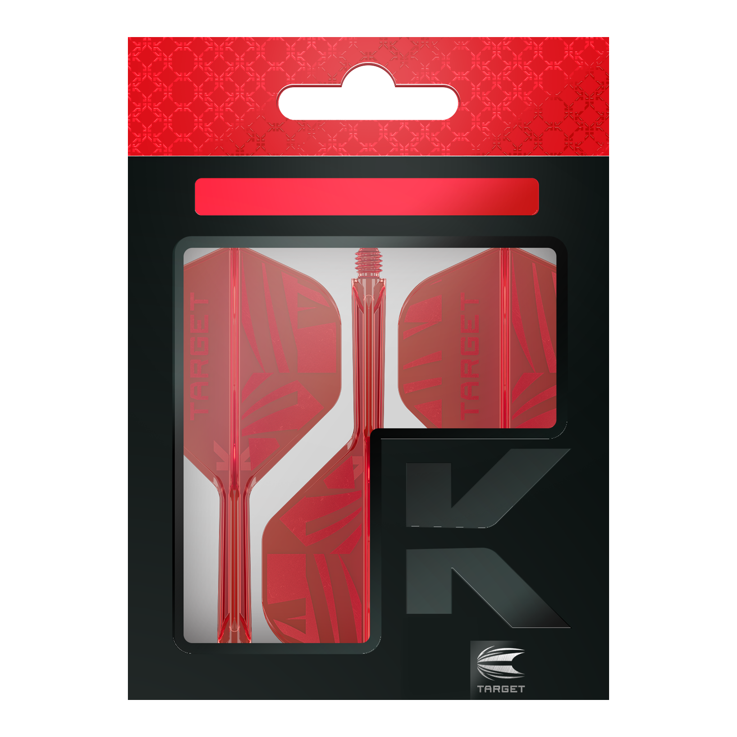 Die Target K-Flex Red No2 Standard Flights werden gezeigt. Es handelt sich um rote Dartflights im Standardformat.