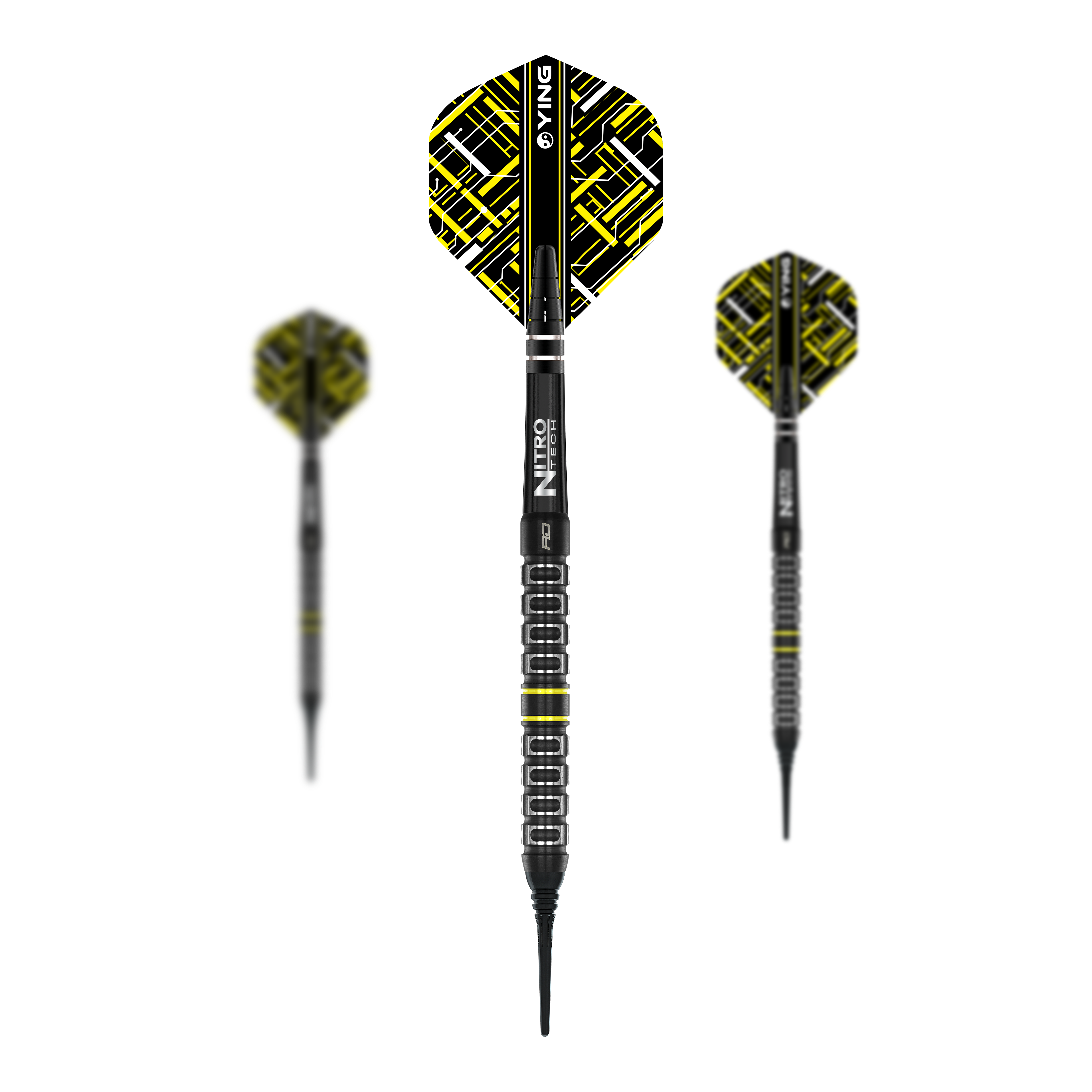 Fléchettes souples parallèles Red Dragon Astraeus Q4X - 20 g Das Bild zeigt drei Softdarts des Modells "Red Dragon Astraeus Q4X Parallel" mit einem Gewicht von 20g. Die Darts haben ein auffälliges schwarz-gelbes Design mit geometrischem Muster auf den Flights.