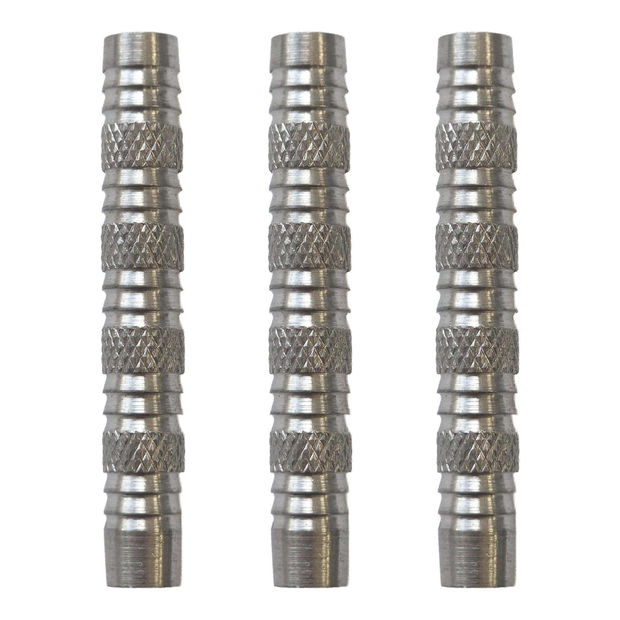 Fléchettes souples McDart Knurled Shark - 18 g Hier sieht man McDart Knurled Shark Softdart Barrels - 18g als Set. Die Dart-Barrels sind silbern und haben ein markantes Rillenmuster.