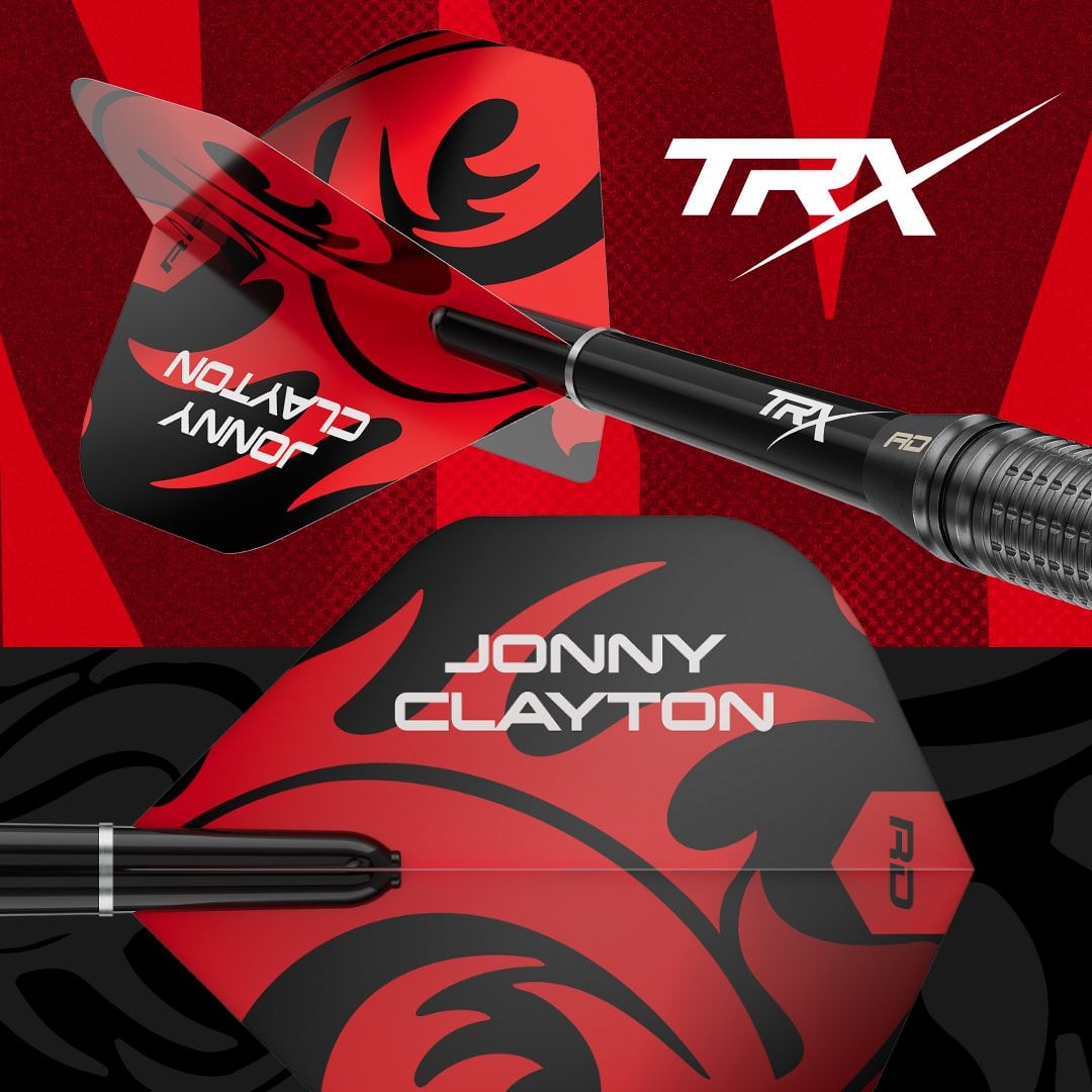 Fléchettes en acier Red Dragon Jonny Clayton Core Brass - 21 g Das Foto zeigt die Red Dragon Jonny Clayton Core Brass Steeldarts - 21g. Die Darts liegen auf einer ebenen Fläche.