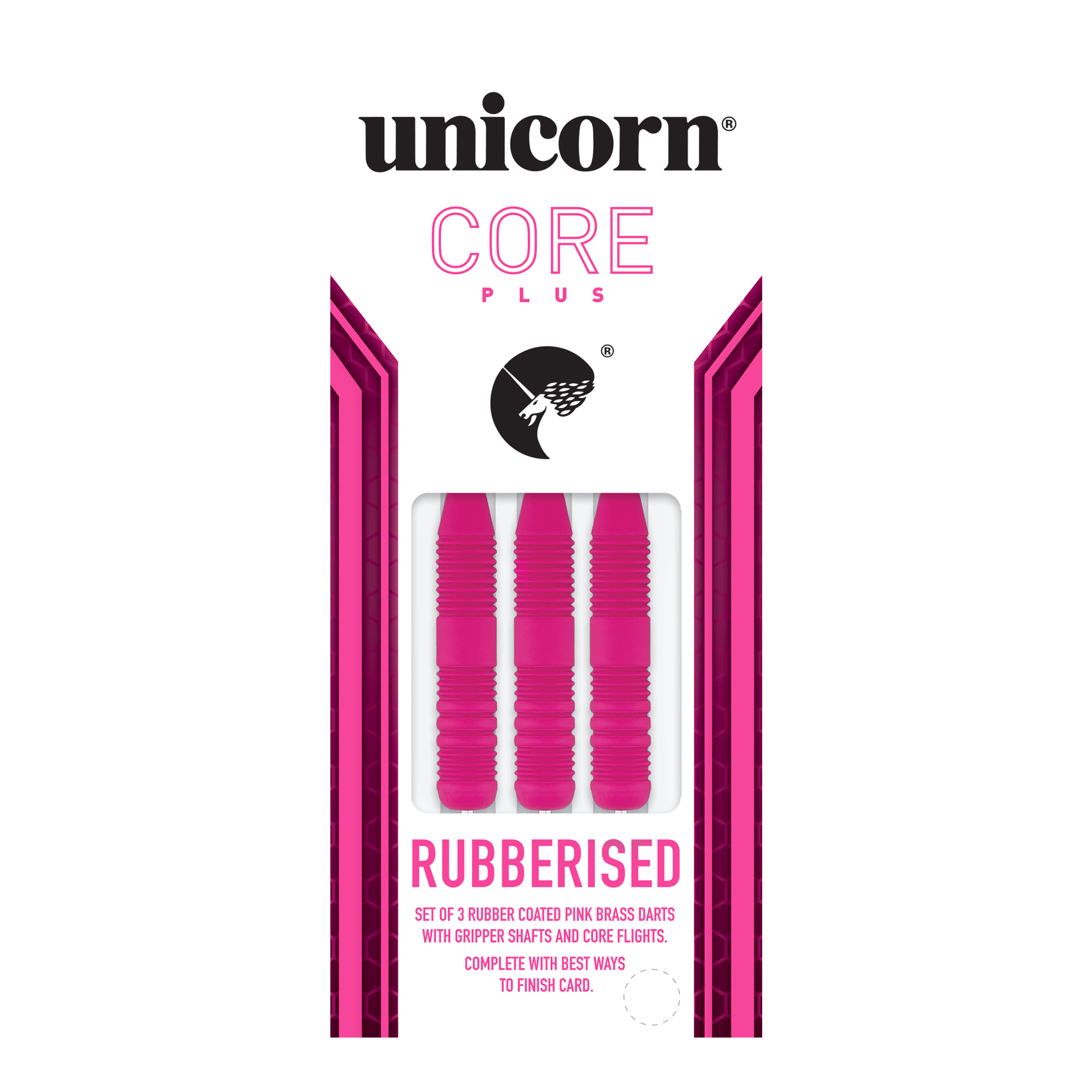 Fléchettes Unicorn Core Plus en acier rose caoutchouté Das Bild zeigt eine Packung mit drei pinken, gummierten Steeldarts der Marke Unicorn Core Plus. Die Darts haben geriffelte Griffe und werden in einer weiß-pinken Verpackung präsentiert.