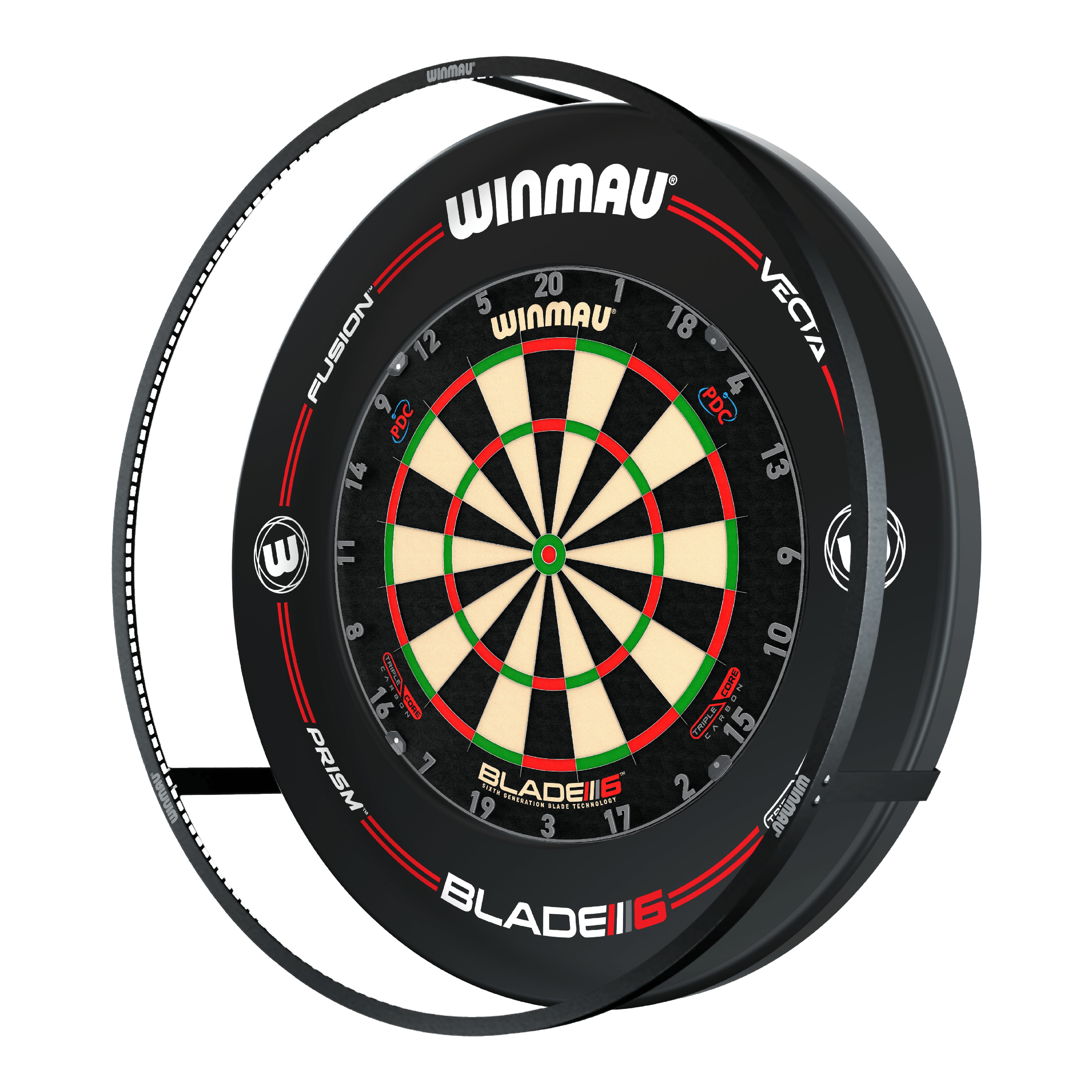 ENSEMBLE Winmau Plasma LED éclairage et surround Das Bild zeigt das 'Winmau Plasma LED Beleuchtung und Surround Bundle' mit einer Dartscheibe. Um die Scheibe herum befindet sich eine LED-Beleuchtung und ein schwarzer Schutzring.