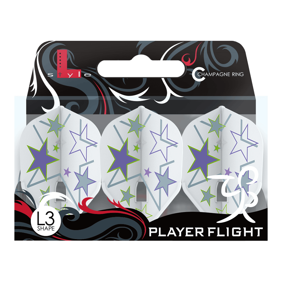 L-Style Ryan Murray V1 White L3PRO Flights Das Bild zeigt eine Packung mit weißen L-Style Ryan Murray V1 L3PRO Flights. Die Flights sind mit bunten Sternen in Lila, Grün und Hellblau verziert.