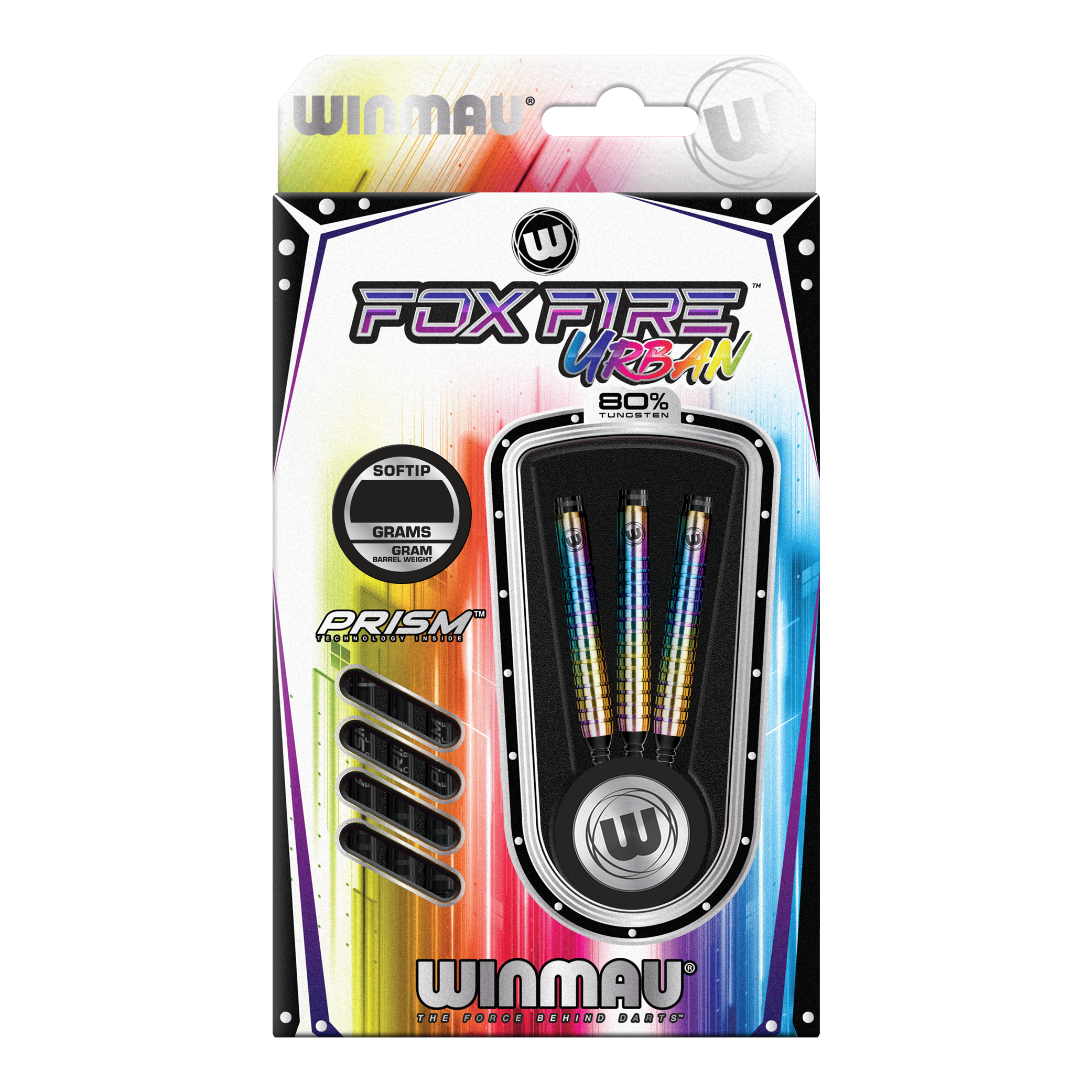 Fléchettes souples Winmau Foxfire Urban - 20 g Das Bild zeigt die Winmau Foxfire Urban Softdarts mit einem Gewicht von 20 Gramm. Die Verpackung ist bunt gestaltet und enthält drei Darts mit Regenbogen-Design.