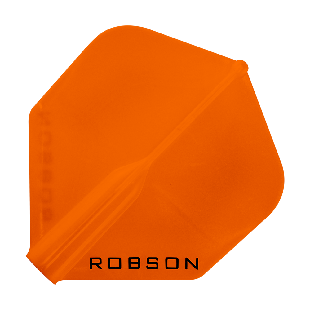 Vols Robson Plus - Standard Das Bild zeigt ein orangefarbenes Dartflight mit der Aufschrift "ROBSON". Das Flight hat eine klassische, standardmäßige Form.