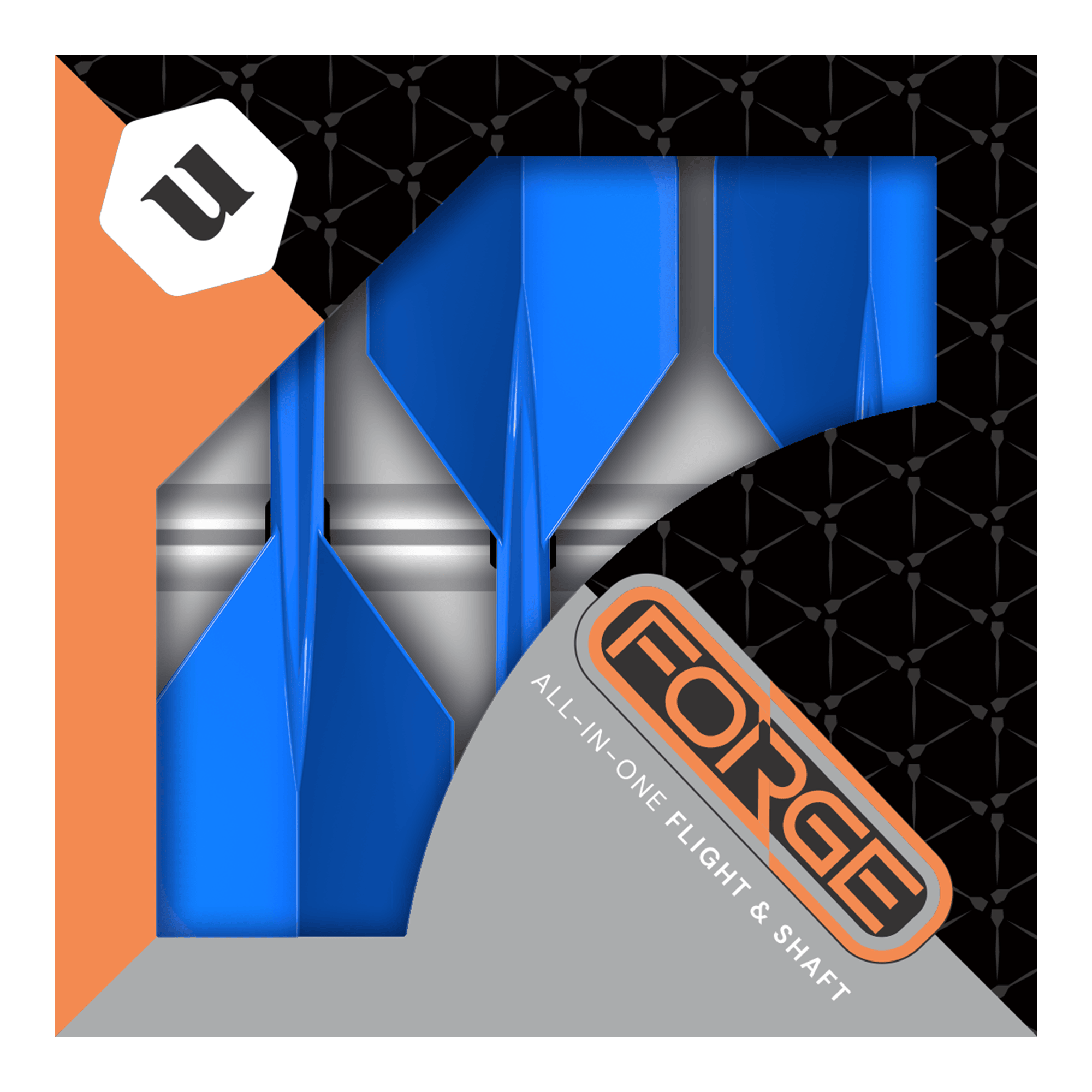 Dies ist eine Verpackung der „Unicorn Forge All In One Plus No2 Standard Flights Blau - Medium“. In der Schachtel befinden sich blaue Dart-Flights mit integriertem Schaft.