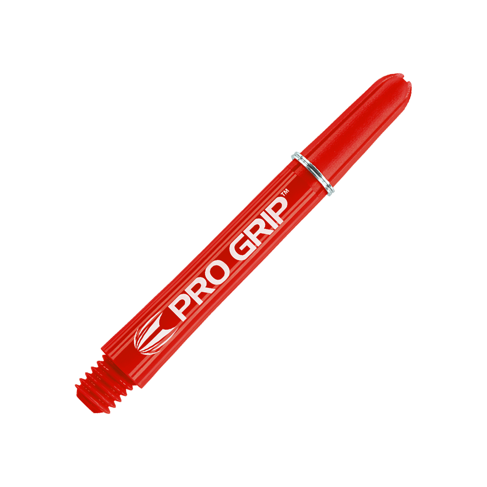 Tiges Target Pro Grip - 3 jeux - Rouge Das Bild zeigt einen roten Dartshaft mit der Aufschrift "PRO GRIP". Der Hintergrund ist ebenfalls rot und weist ein Muster aus Linien auf.