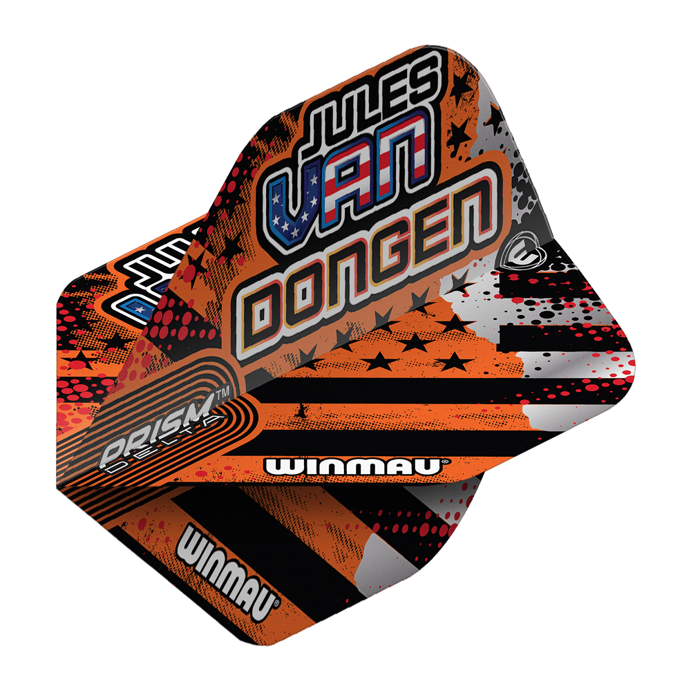 Vols standard Winmau Prism Delta Jules Van Dongen Das Bild zeigt die Winmau Prism Delta Jules Van Dongen Standard Flights. Die Flights haben ein auffälliges Design mit orangenen, schwarzen und weißen Farben sowie dem Namen "Jules Van Dongen" aufgedruckt.