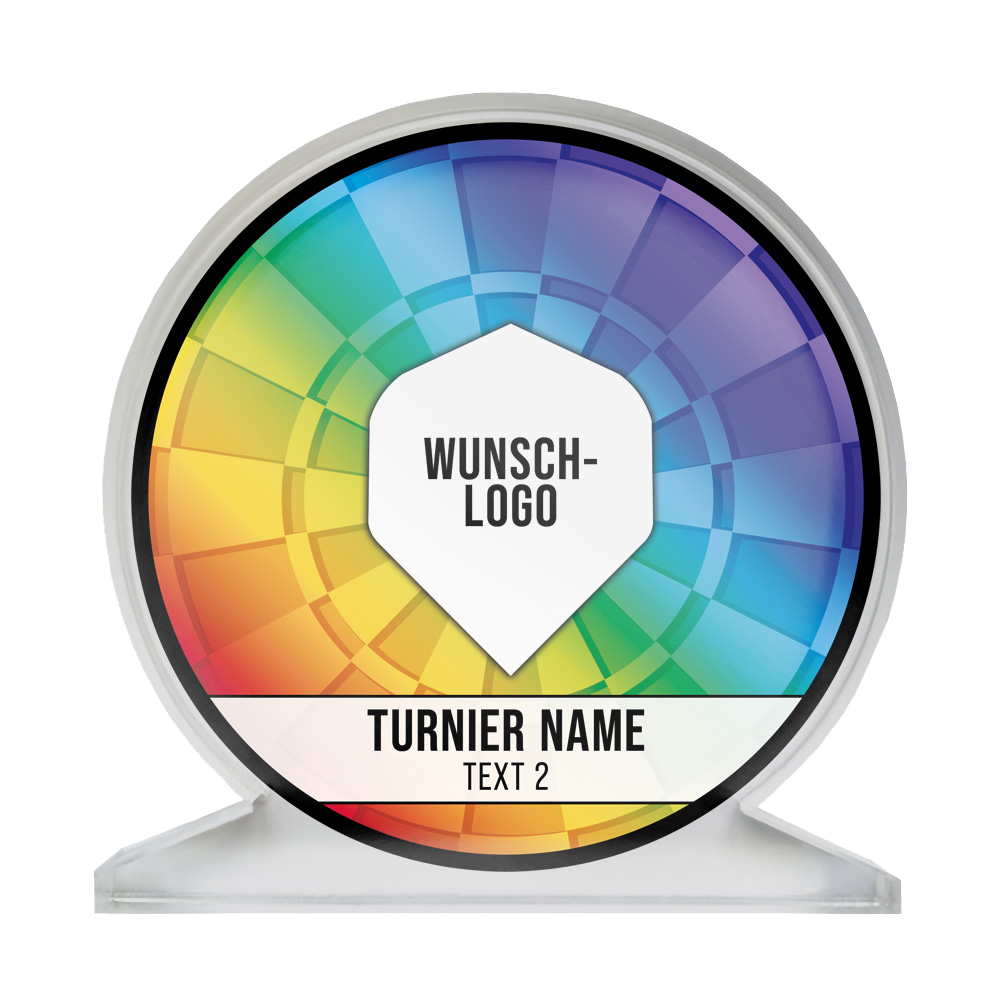 Das Bild zeigt einen runden Acrylglas-Pokal mit einem bunten Regenbogen-Design. In der Mitte steht "WUNSCH-LOGO" und darunter sind Platzhalter für "TURNIER NAME" und "TEXT 2" vorgesehen.