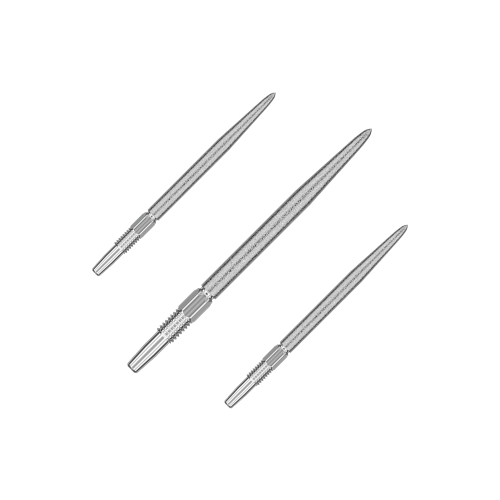 Pointes de fléchettes Target Swiss Point SLK - argent Auf dem Bild sind drei silberne Dartspitzen zu sehen. Sie liegen nebeneinander und sind spitz zulaufend gestaltet.