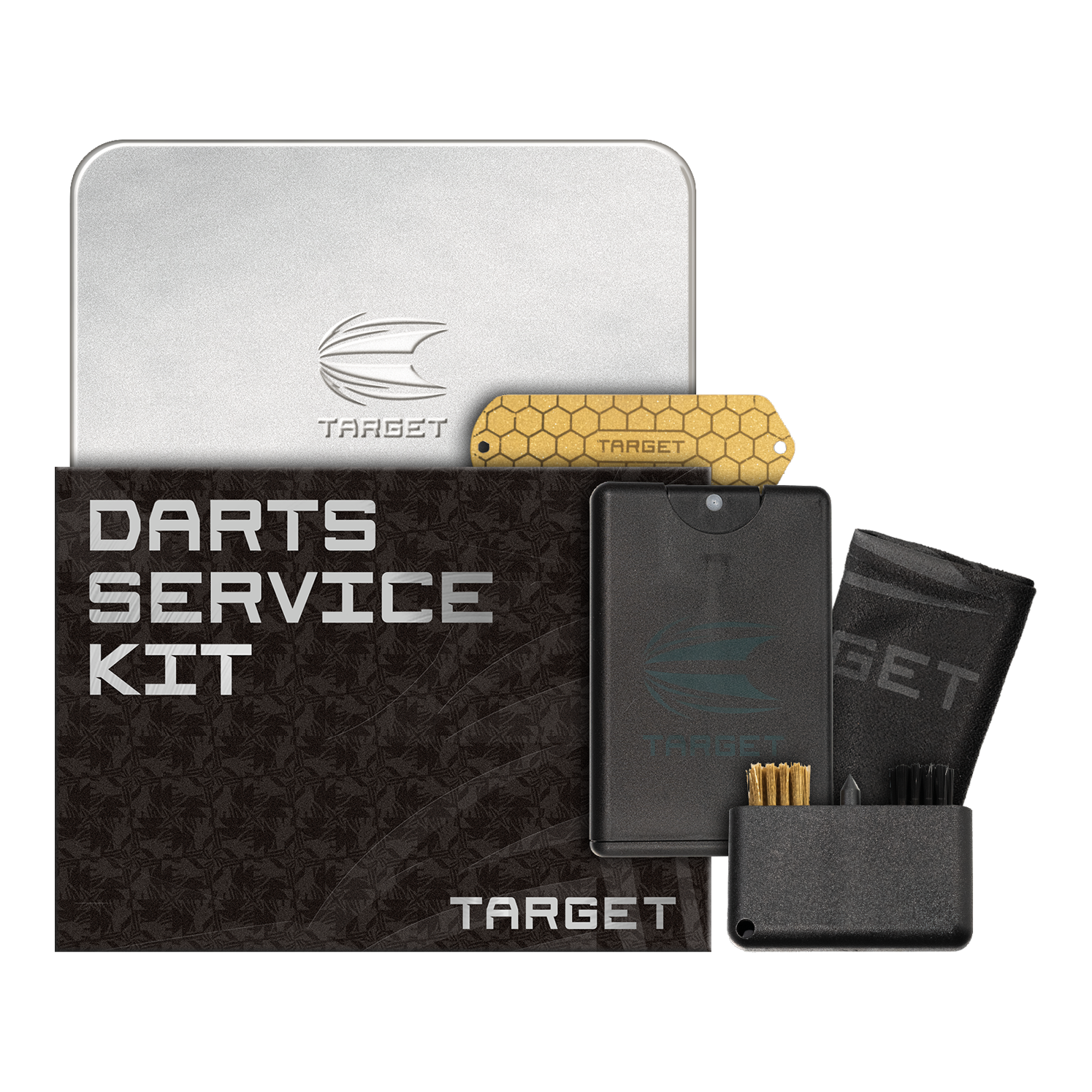 Kit d'entretien Target Dart Zu sehen ist das Target Dart Servicing Kit. Dieses Set enthält verschiedene Werkzeuge und Zubehör zum Warten von Darts.