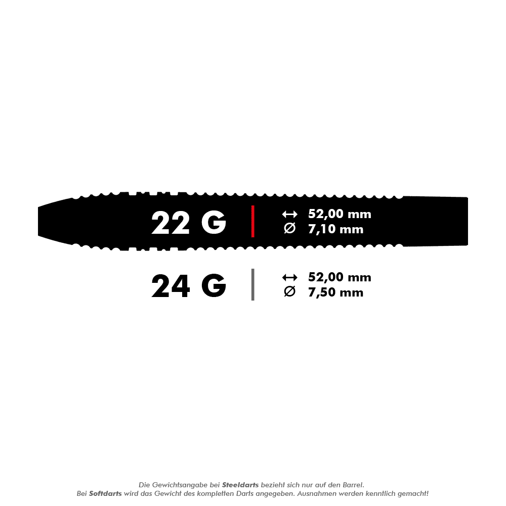 Das Bild zeigt zwei verschiedene Steeldarts mit den Gewichten 22 Gramm und 24 Gramm. Die Längen und Durchmesser sind jeweils 52,00 mm und 7,10 mm für 22 g sowie 52,00 mm und 7,50 mm für 24 g.