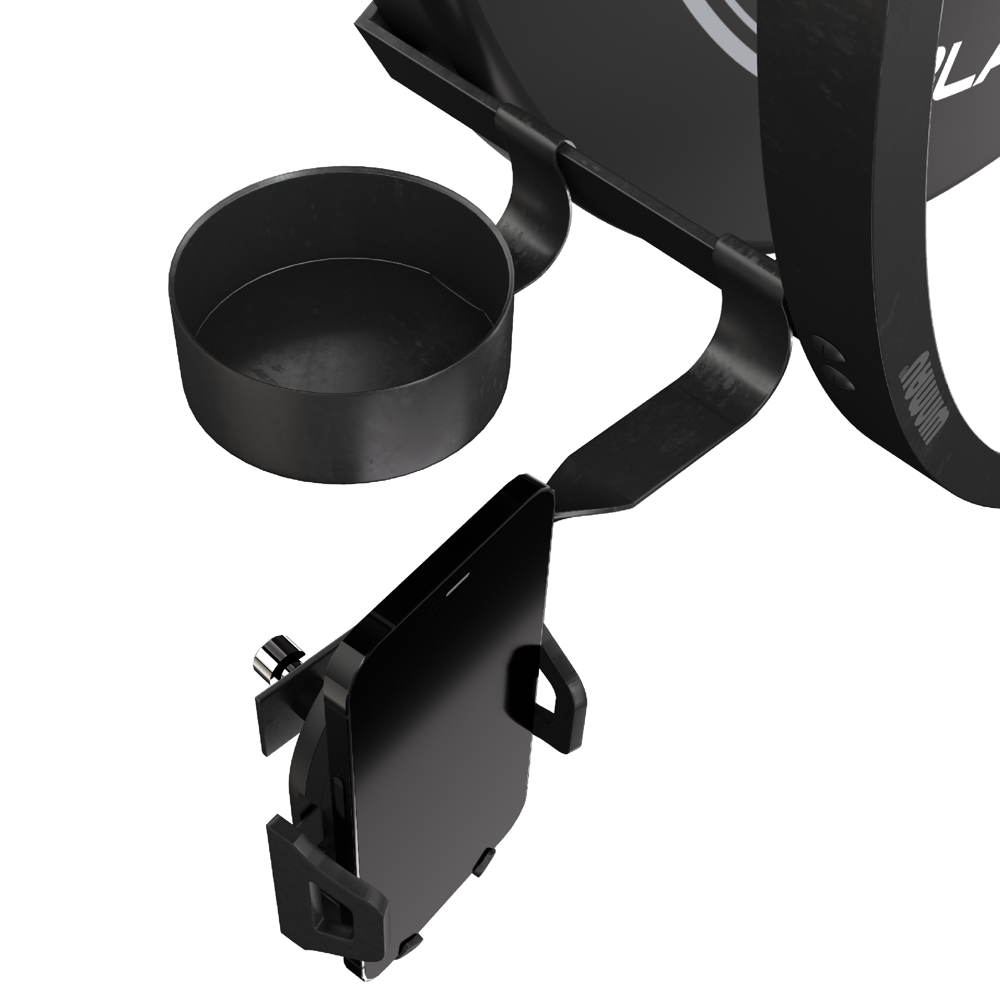 Ensemble d'accessoires plasma Winmau Das Bild zeigt das Winmau Plasma Zubehör Set mit einem Handyhalter und einem Becherhalter. Beide Halterungen sind an einem runden Rahmen befestigt.