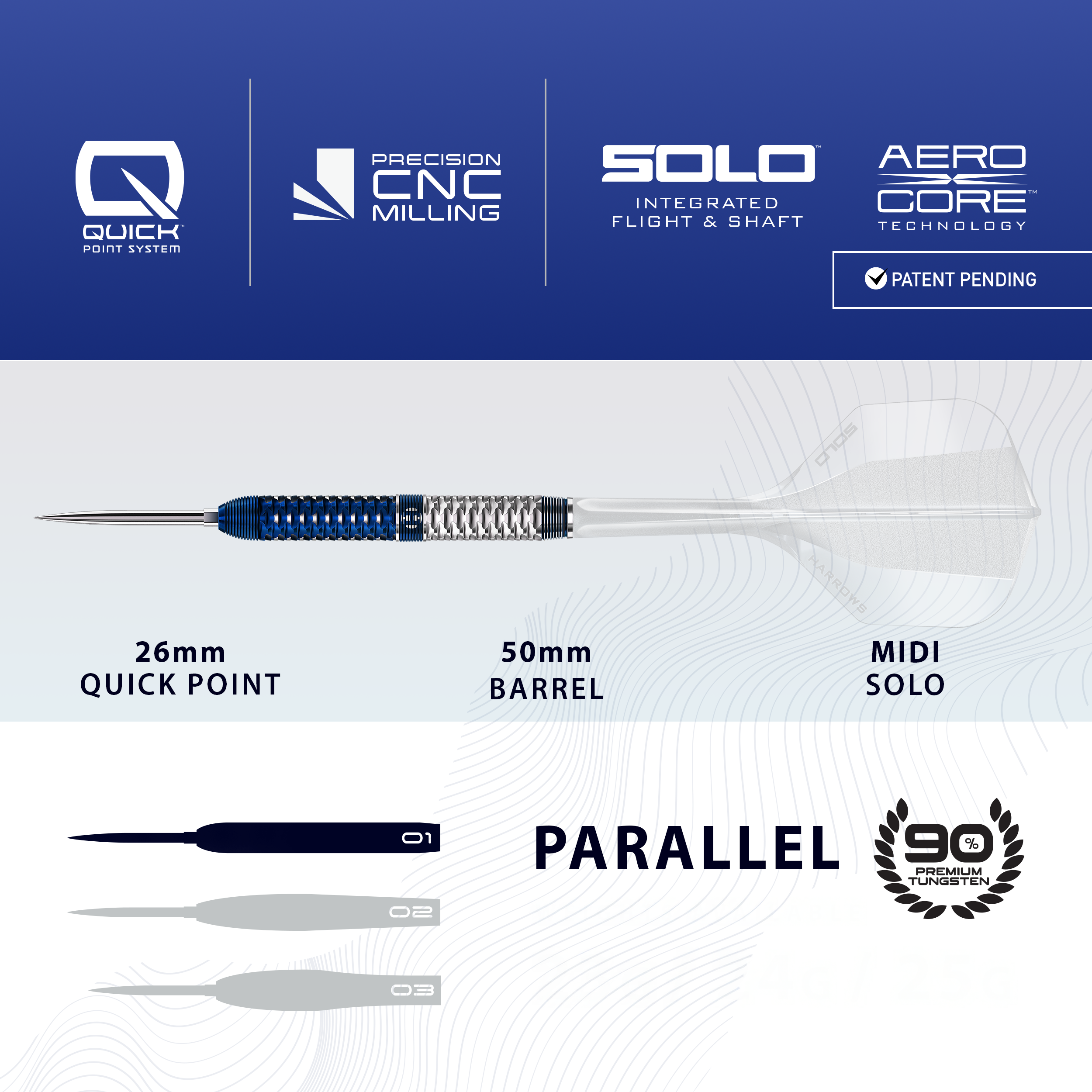 Das Bild zeigt Harrows GEO Parallel Quick Point Steeldarts. Der Pfeil und sein Aussehen werden präsentiert.