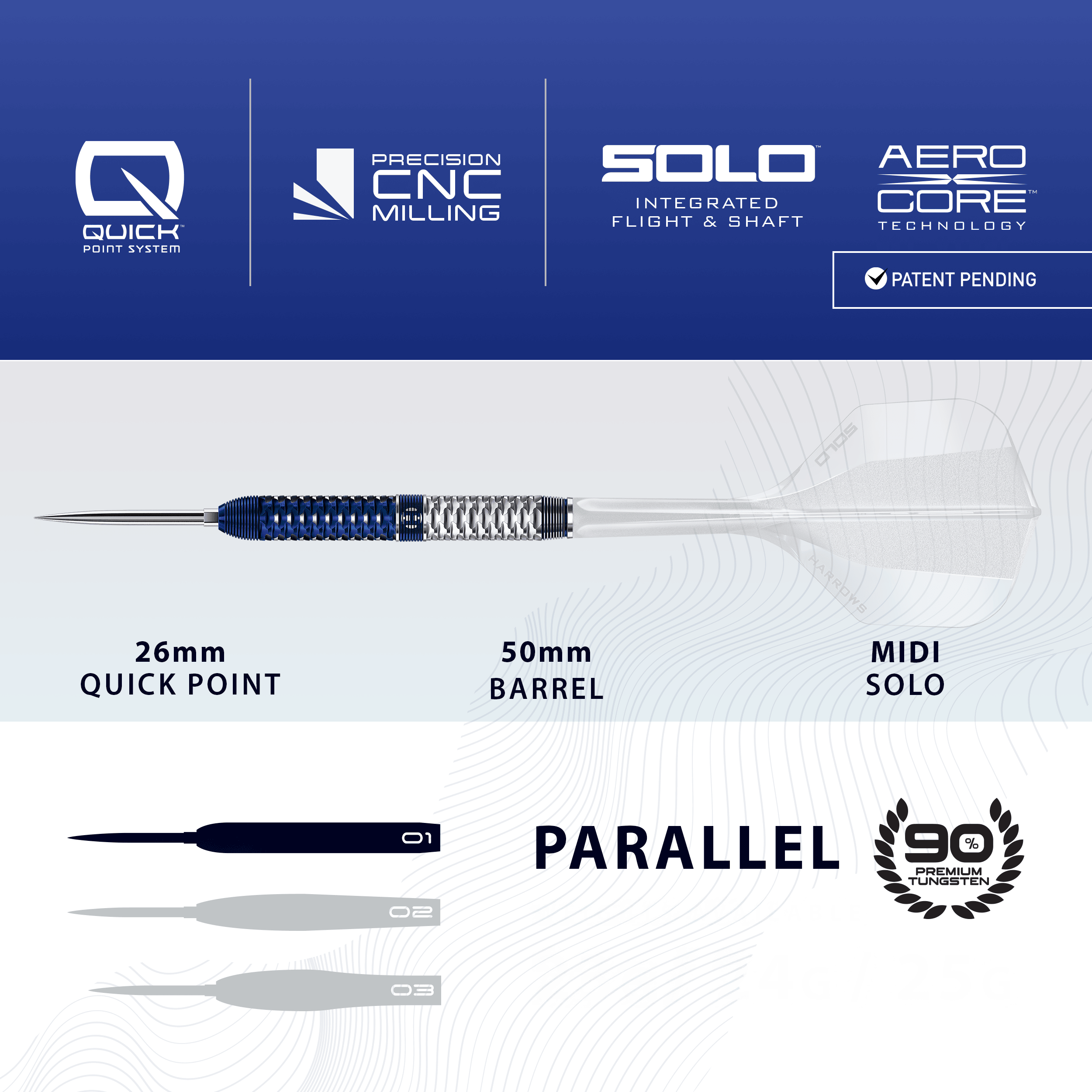 Fléchettes en acier Harrows GEO Parallel Quick Point Das Bild zeigt Harrows GEO Parallel Quick Point Steeldarts. Der Pfeil und sein Aussehen werden präsentiert.