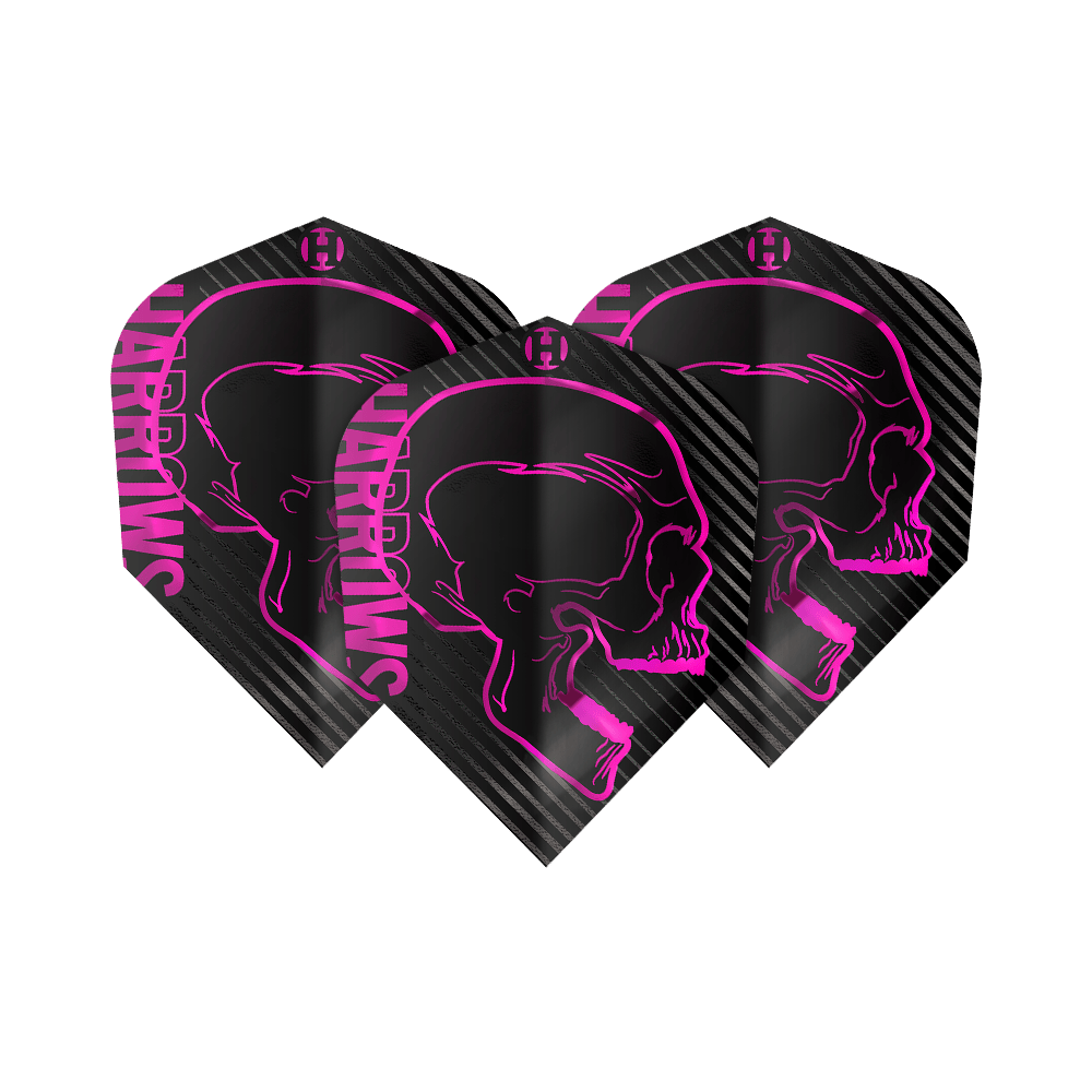 Vols Harrows Rage Rose No6 Das Bild zeigt drei schwarze Dartflights mit einem auffälligen pinken Totenkopf-Design. Auf den Flights steht seitlich in pink der Schriftzug "Harrows".