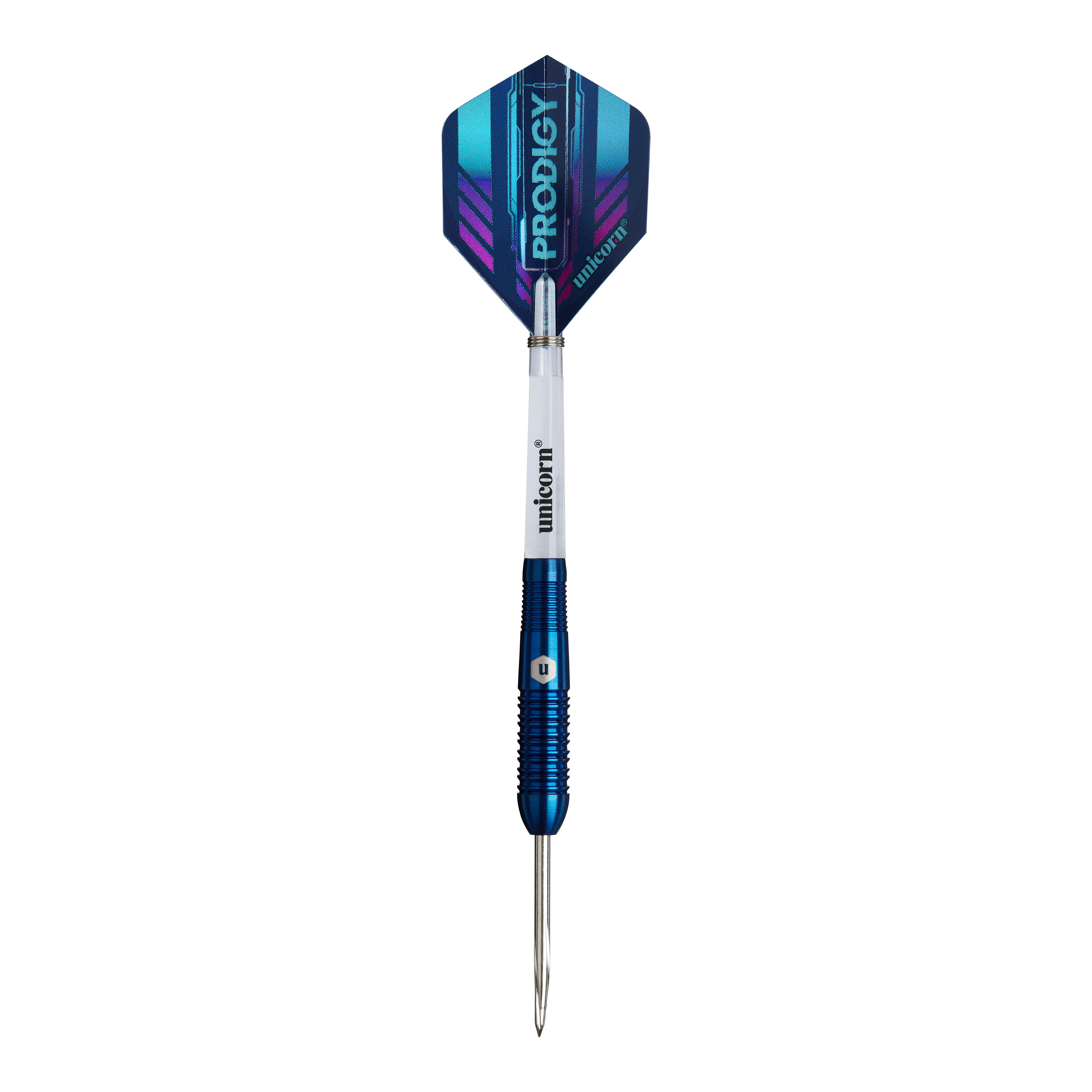 Fléchettes en acier Unicorn Prodigy 02 Torpedo Das Bild zeigt einen Unicorn Prodigy 02 Torpedo Steeldart. Der Dartpfeil hat blaue und silberne Farben mit einer spitzen Metallspitze und einem modernen Flight-Design.