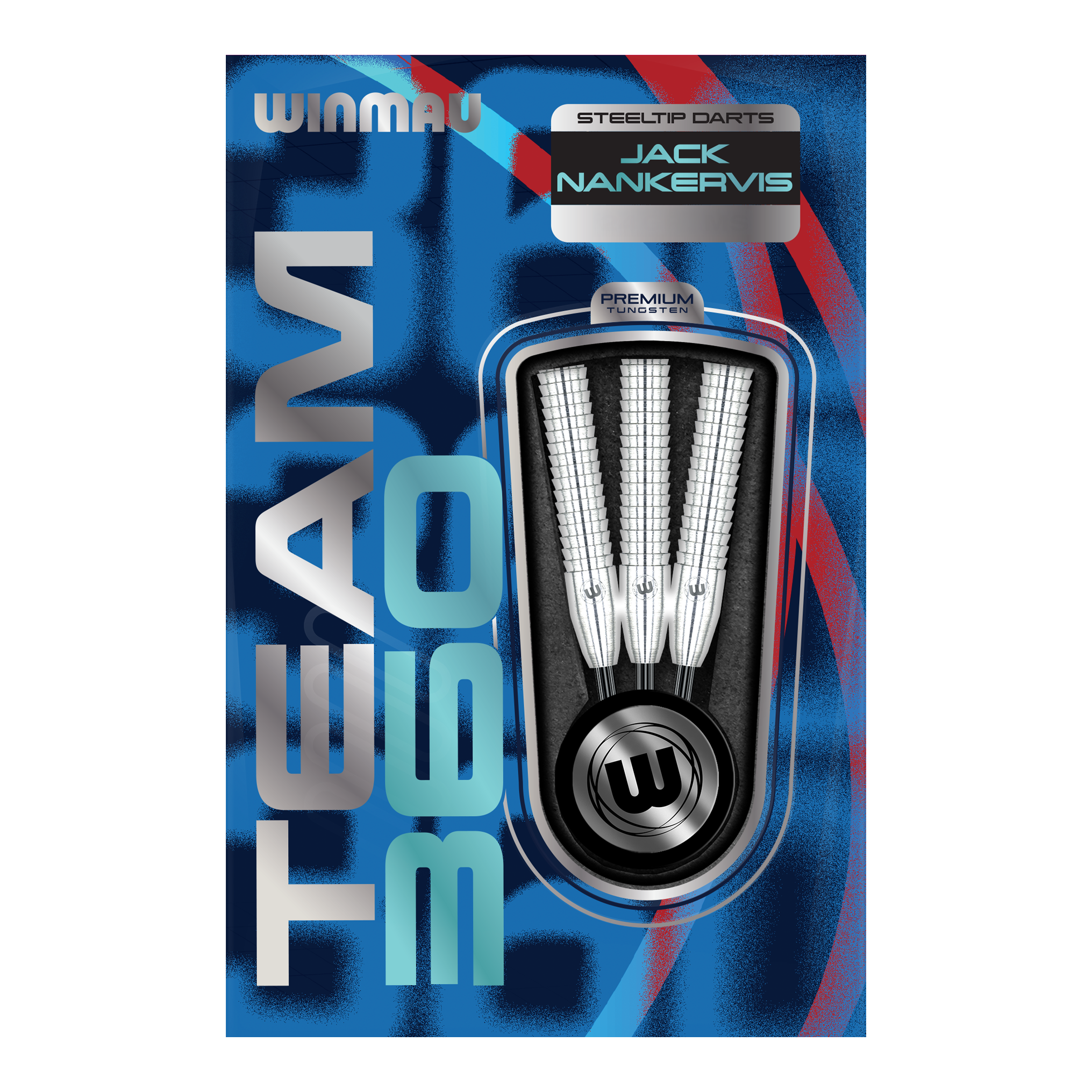 Fléchettes en acier Winmau Team 360 Jack Nankervis - 24 g Das Bild zeigt die Winmau Team 360 Jack Nankervis Steeldarts mit 24g Gewicht. Ideal für Dartspieler, die hochwertige Steeldarts bevorzugen.