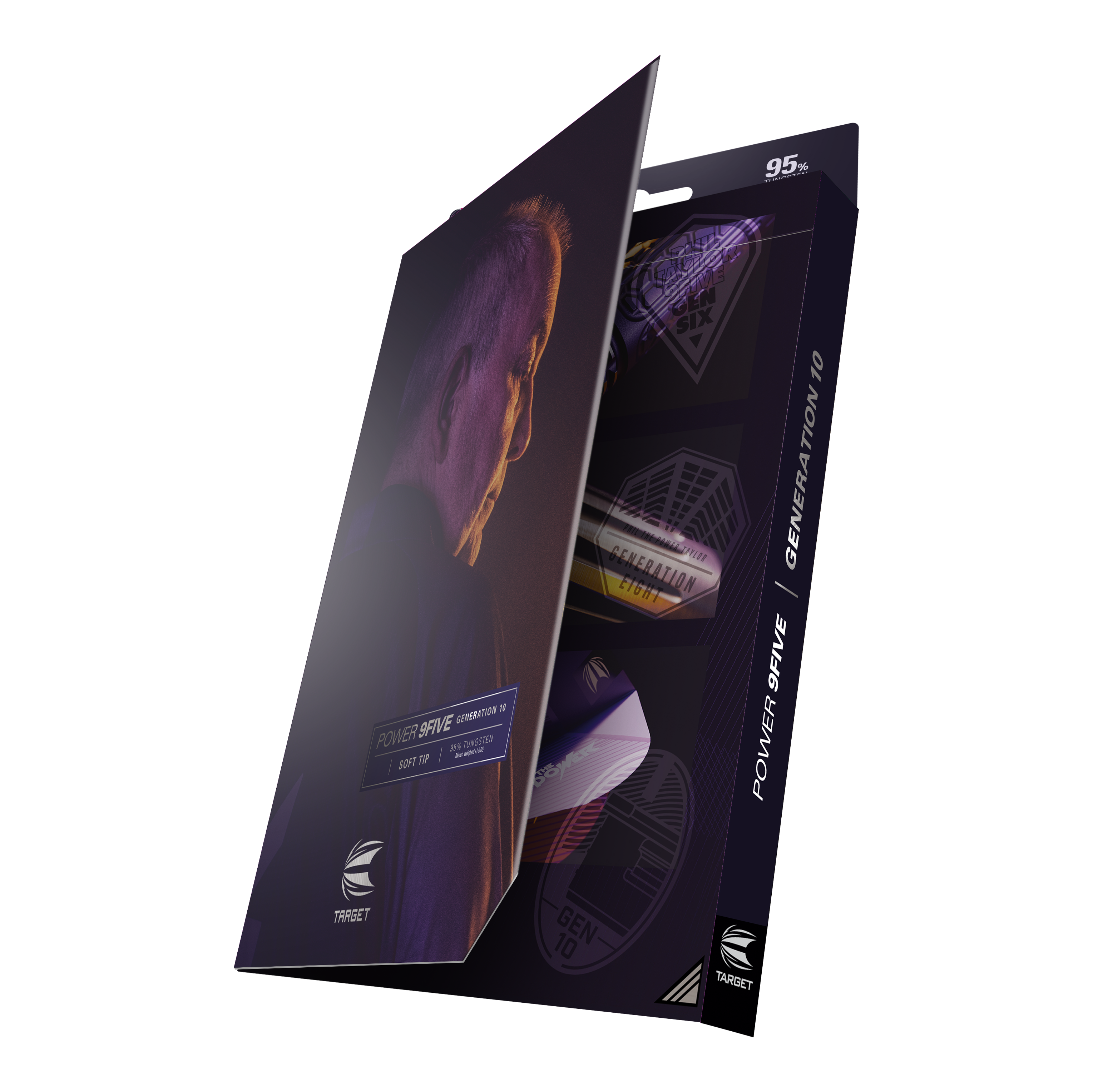 Fléchettes souples Target Phil Taylor Power 9Five GEN10 Die Abbildung zeigt die Verpackung der "Target Phil Taylor Power 9Five GEN10 Softdarts". Auf der Vorderseite ist ein Porträtfoto sowie der Produktname zu sehen.