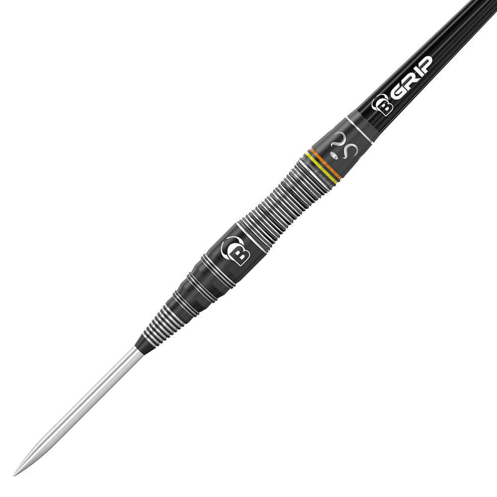Bulls Brian Raman L'Homme-Mystère Steeldarts Das Bild zeigt einen schwarzen Steeldart mit silbernen Rillen und einem spitzen Metallende. Auf dem Dart sind die Schriftzüge "B GRIP" und ein Fragezeichen zu sehen.