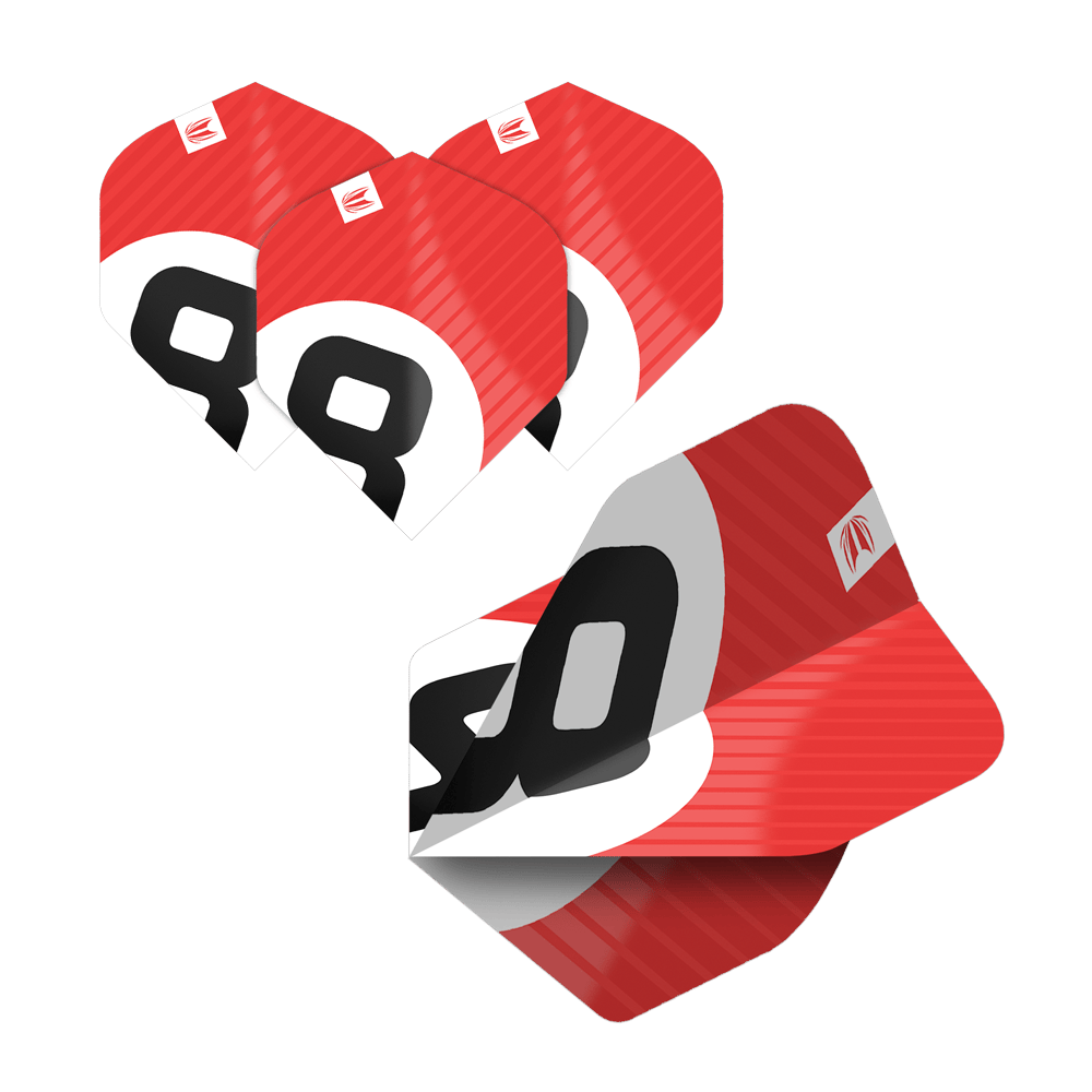 Das Bild zeigt fünf Sätze Target Pro Ultra Chicane No2 Standard Flights in auffälligem Rot-Weiß-Design. Die Flights sind mit einer großen schwarzen Zahl und dem Target-Logo versehen.