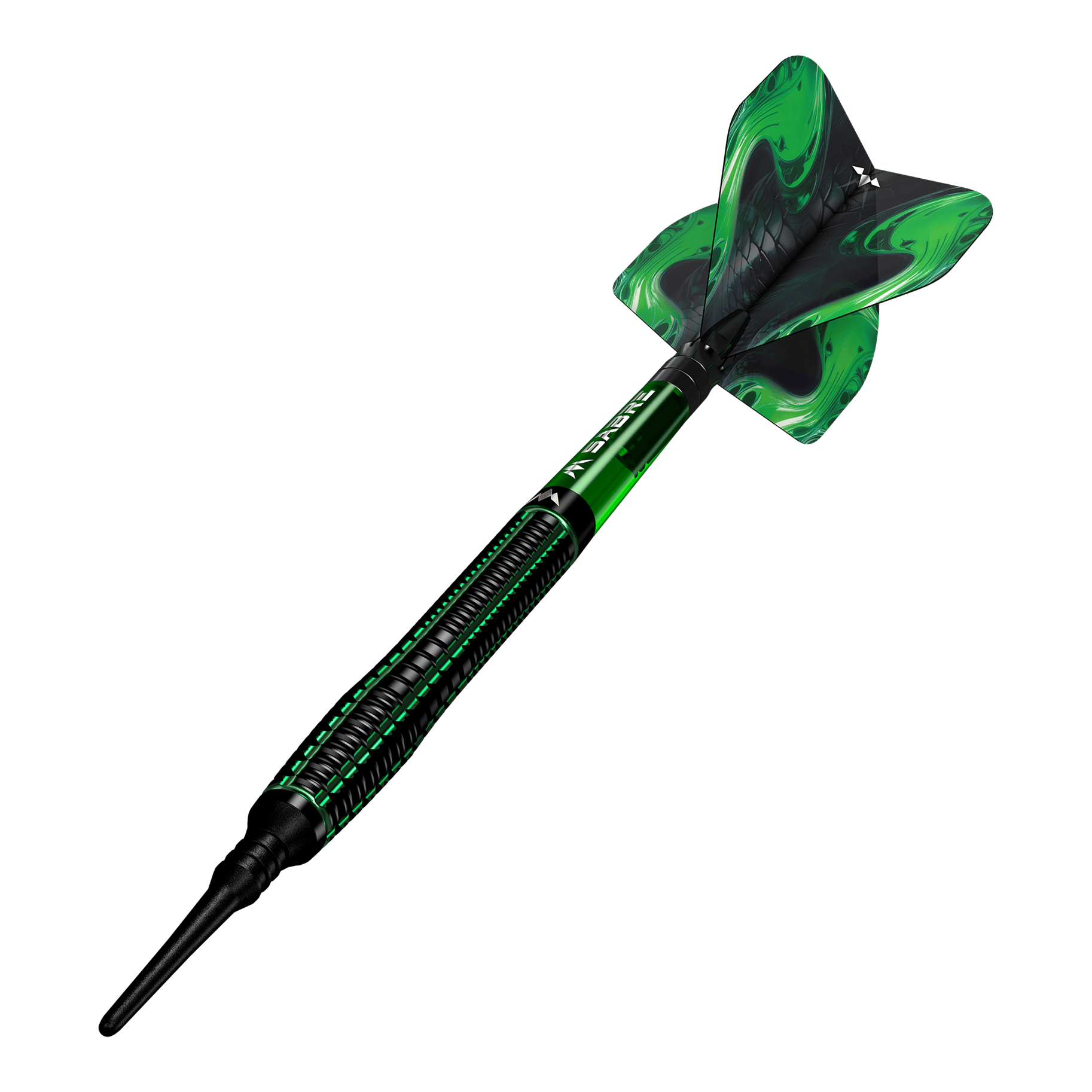 Fléchettes souples Mission Venom - 20 g Das Bild zeigt einen Mission Venom Softdart mit einem Gewicht von 20g. Der Dart ist schwarz und grün gestaltet und hat ein auffälliges Design am Flight.