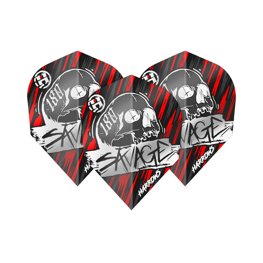 Ailettes No6 en argent rouge sauvage de Harrow Das Bild zeigt die Harrows Savage Red Silver No6 Flights mit einem auffälligen Totenkopf-Design. Die Flights sind in den Farben Rot, Schwarz und Silber gehalten und tragen den Schriftzug „Savage“.