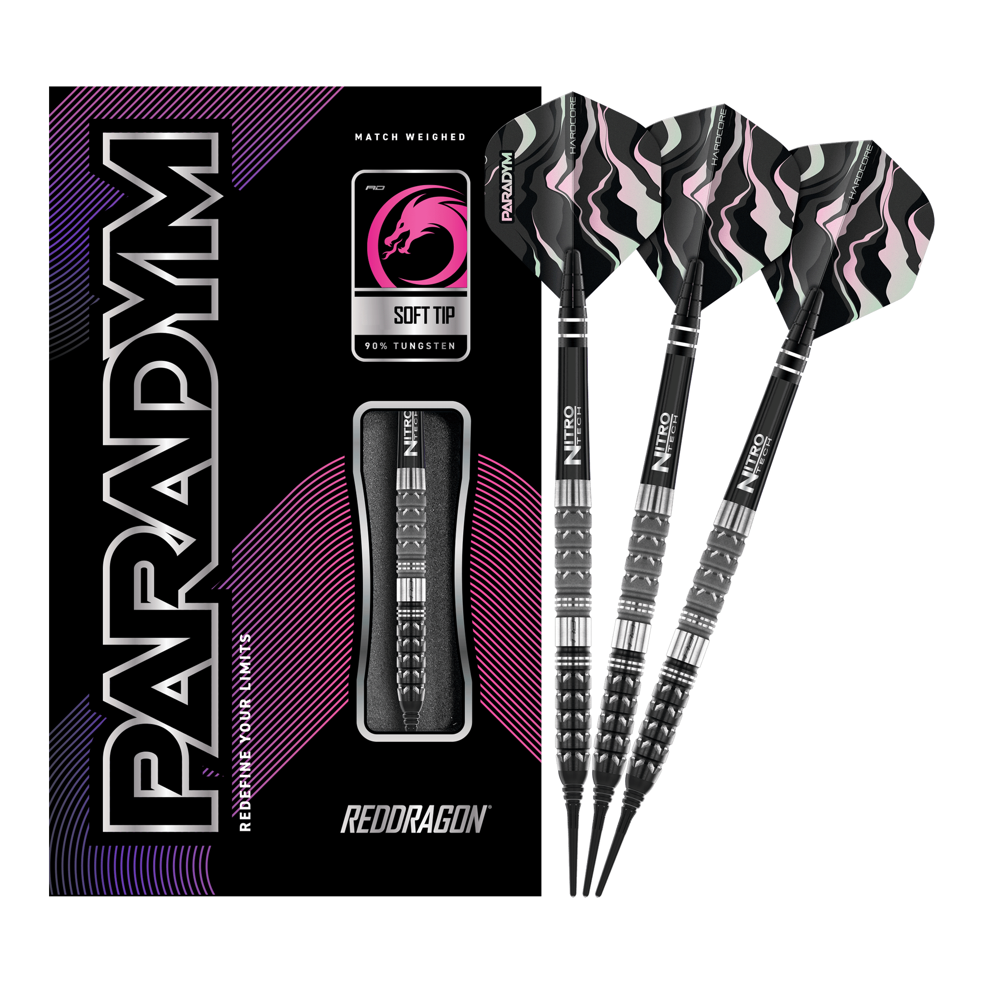Fléchettes souples coniques Red Dragon Paradym - 20 g Das Bild zeigt die Red Dragon Paradym Tapered Softdarts mit einem Gewicht von 20g. Rechts sind drei stilvolle Softdarts zu sehen, links befindet sich die dazugehörige Verpackung.