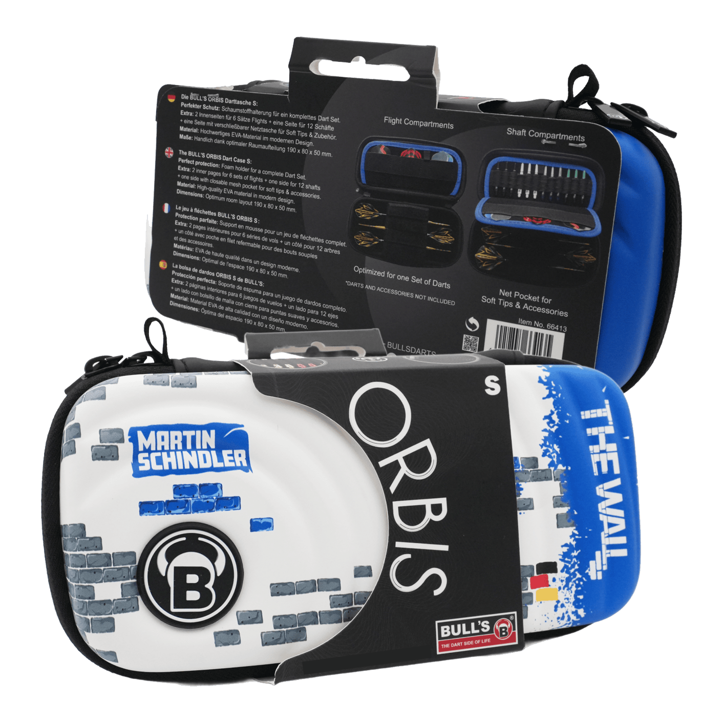 Étui à fléchettes Bulls Orbis S Martin Schindler Das Bild zeigt das Produkt "Bulls Orbis S Martin Schindler Dartcase" in einer Verpackung. Das Dartcase ist bunt gestaltet und trägt den Namen "Martin Schindler" sowie "The Wall".