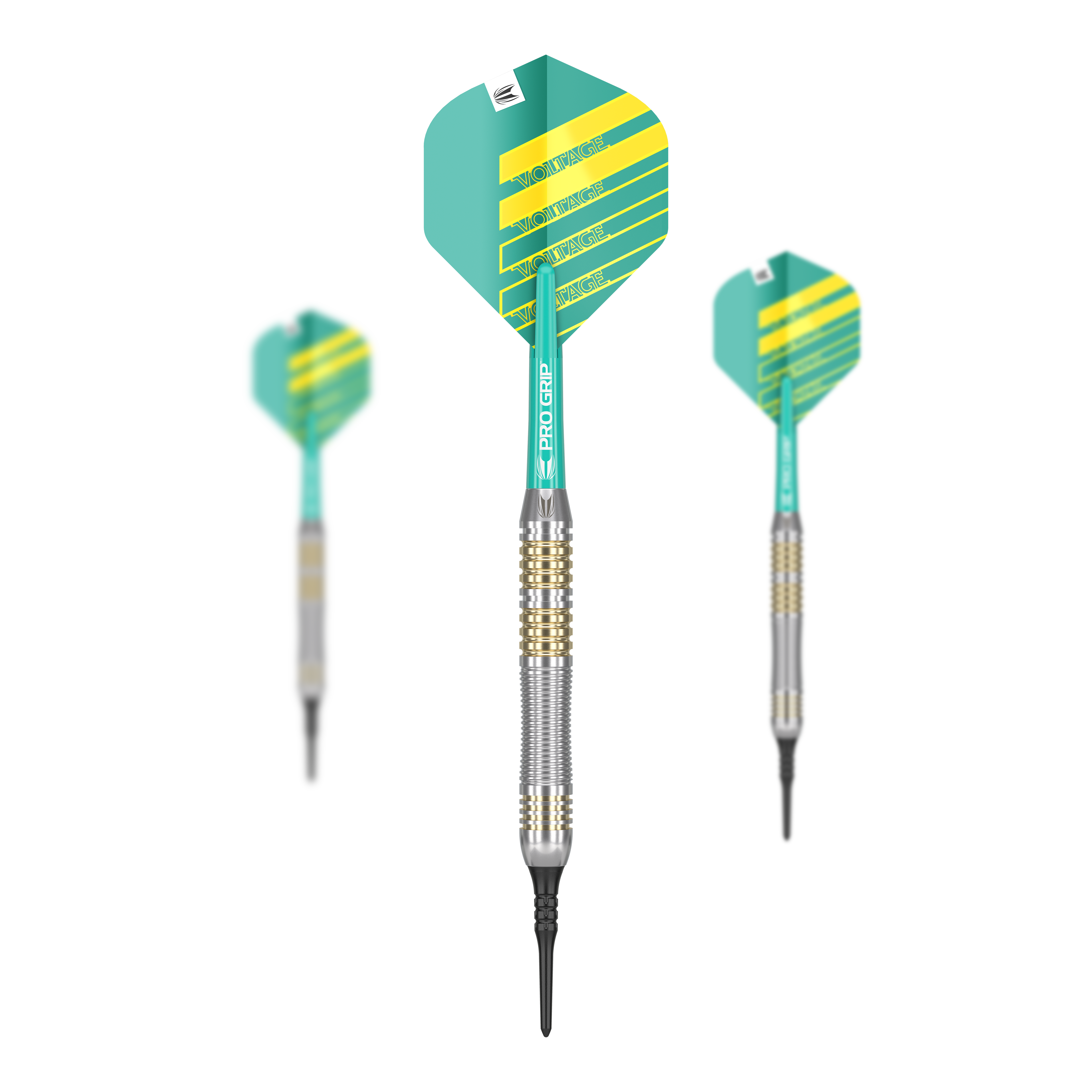 Fléchettes souples en laiton Target Rob Cross - 18 g Das Bild zeigt drei Softdarts der Marke Target Rob Cross Brass mit einem Gewicht von 18g. Die Darts haben grüne und gelbe Flights sowie einen messingfarbenen Barrel.