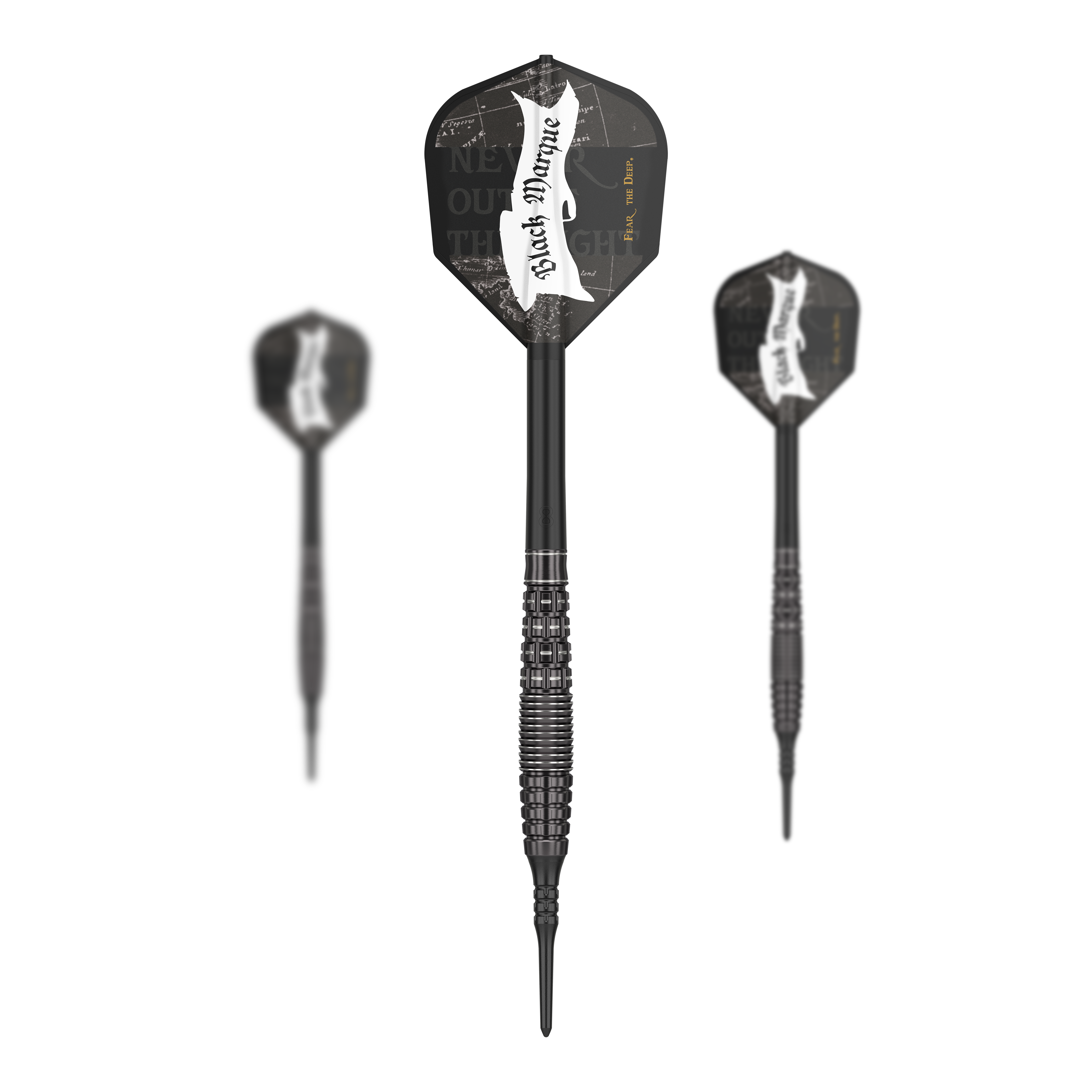 Fléchettes souples Target Japan Black Marque Phantom - 18 g Auf dem Bild sind drei schwarze Softdarts mit der Aufschrift „Black Marque“ zu sehen. Es handelt sich um das Produkt „Target Japan Black Marque Phantom Softdarts - 18g“.