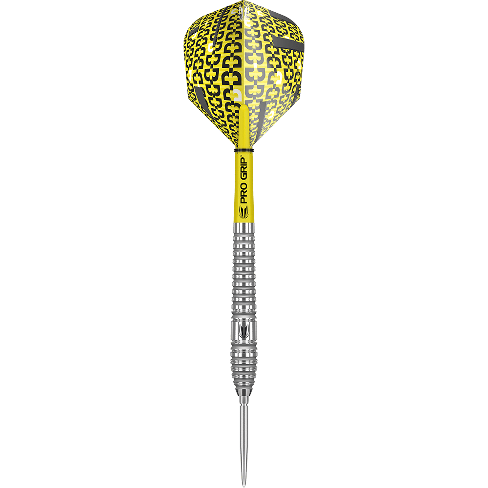 190057_Target_Bolide_03_Swiss_Point_Steeldarts_17EYAzHai5hLVq Das Bild zeigt den "Target Bolide 03 Swiss Point Steeldart". Der Dartpfeil hat gelbe Flights mit schwarzem Muster und einen silbernen, gerillten Schaft.