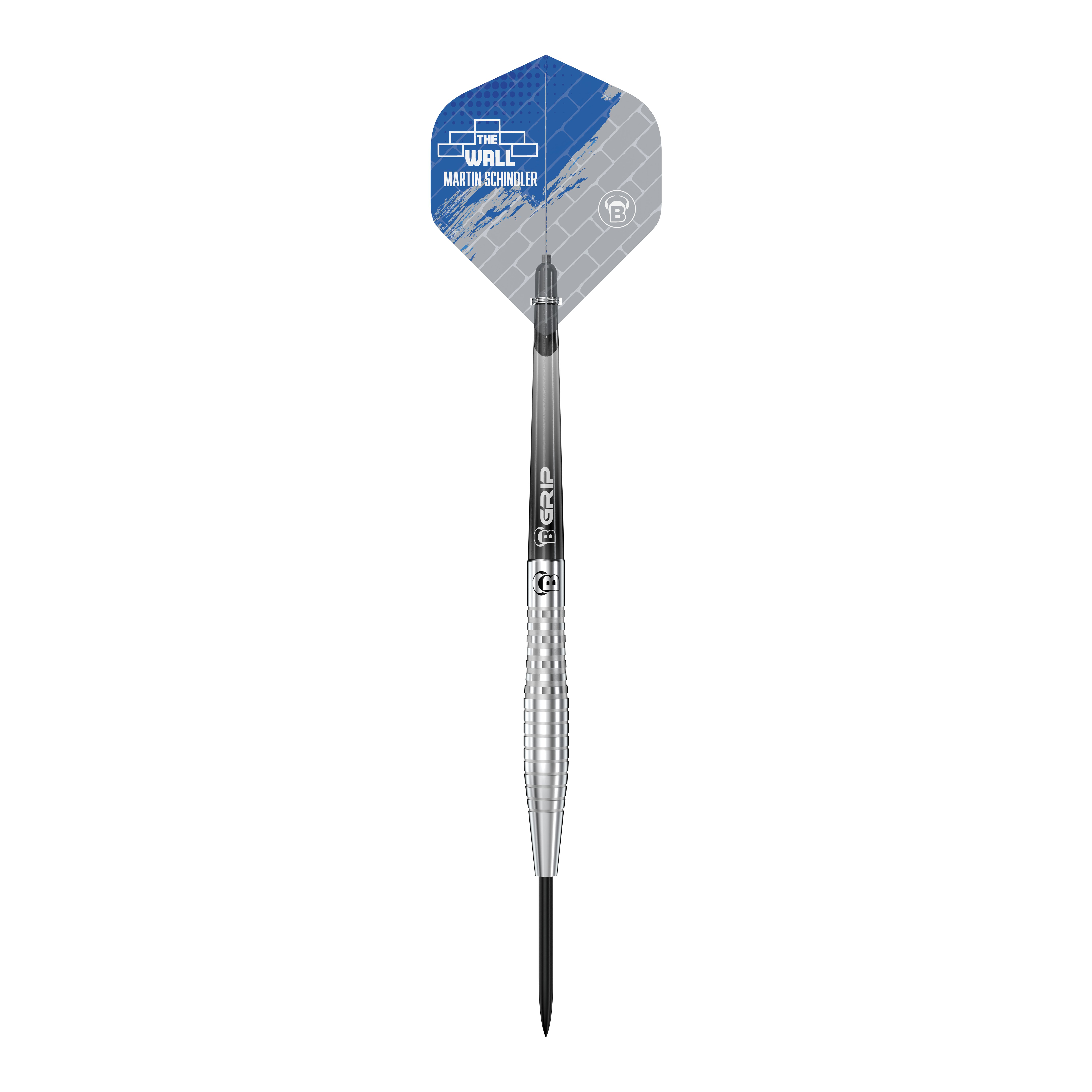 Das Bild zeigt einen Bulls Martin Schindler Original Generation 2 Steeldart. Der Dartpfeil hat einen silbernen Schaft und eine blau-graue Flights mit dem Namen „Martin Schindler“.