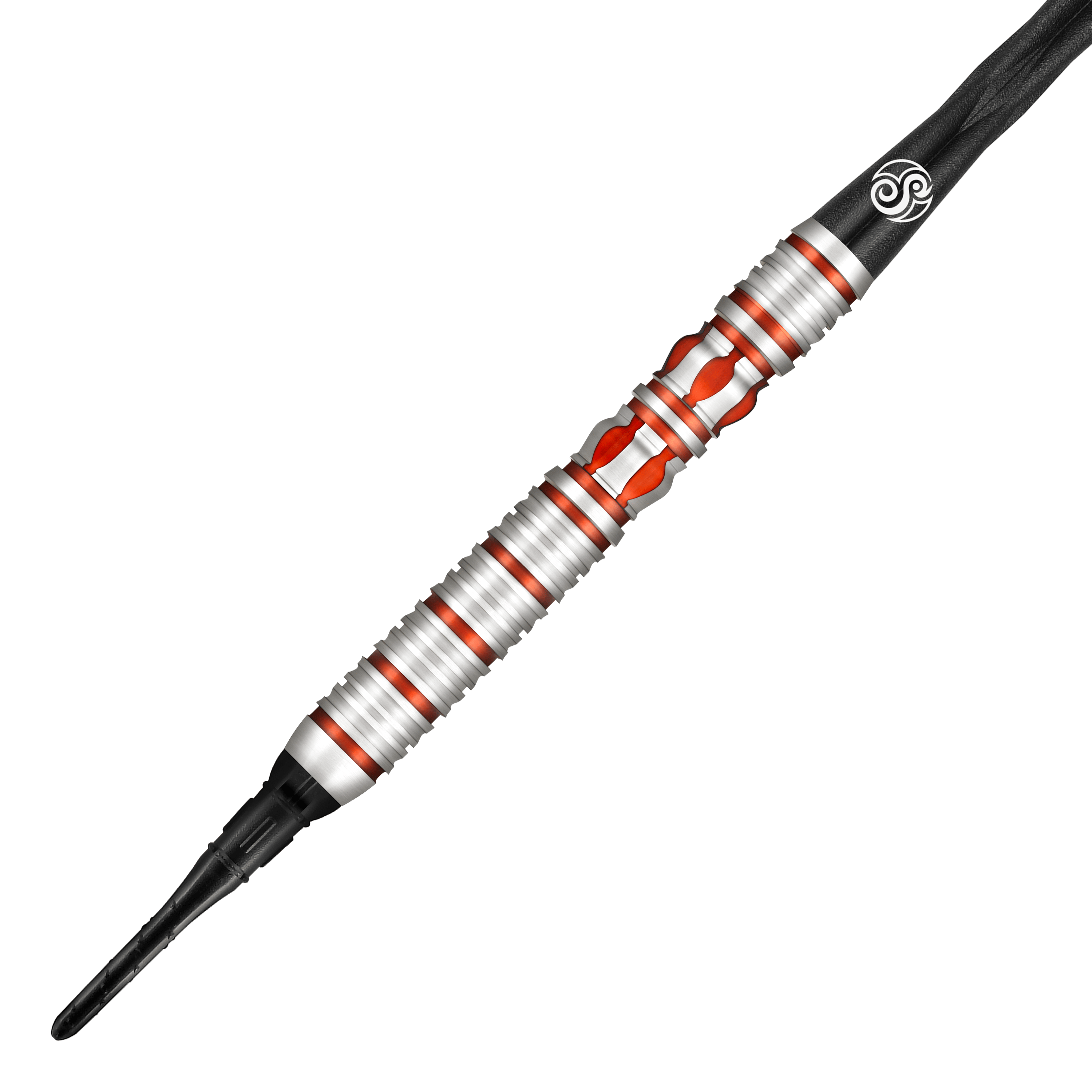 Fléchettes souples Juno de l'Empire romain Das Bild zeigt einen Shot Roman Empire Juno Softdart. Der Dartpfeil ist silbern mit roten Akzenten und hat ein modernes, gerilltes Design.