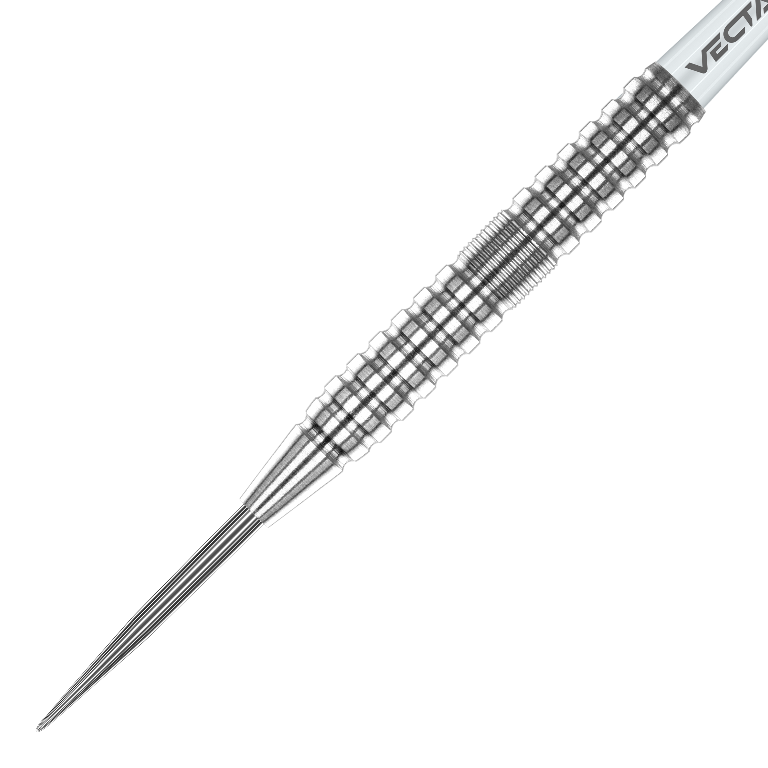 Fléchettes en acier Winmau Willie O'Connor - 23 g Das Bild zeigt einen silbernen Winmau Willie OConnor Steeldart mit einem Gewicht von 23g. Der Dartpfeil hat eine strukturierte und geriffelte Oberfläche für besseren Halt.