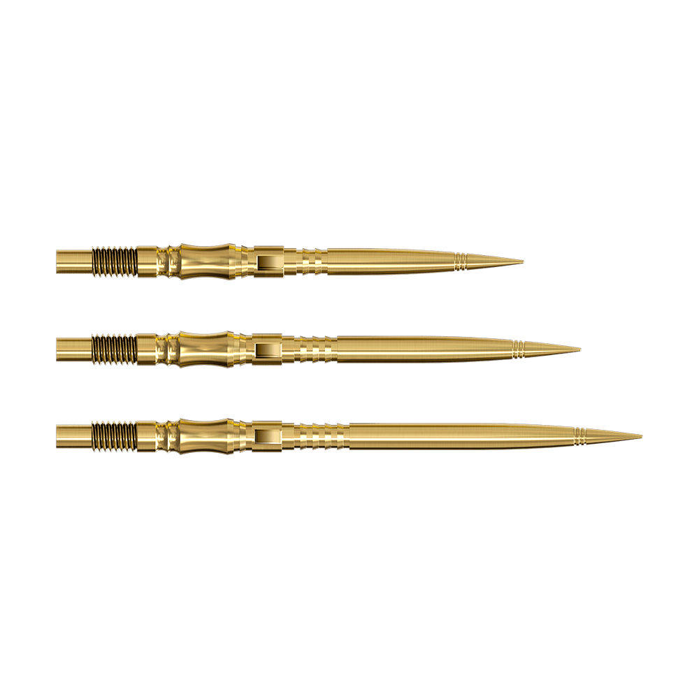 Pointes de fléchettes Harrows Quick Point Axis Elite Series - Or Die Harrows Quick Point Axis Elite Series Dartspitzen in Gold sind auf dem Bild zu sehen. Mehrere goldene Dartspitzen liegen nebeneinander.