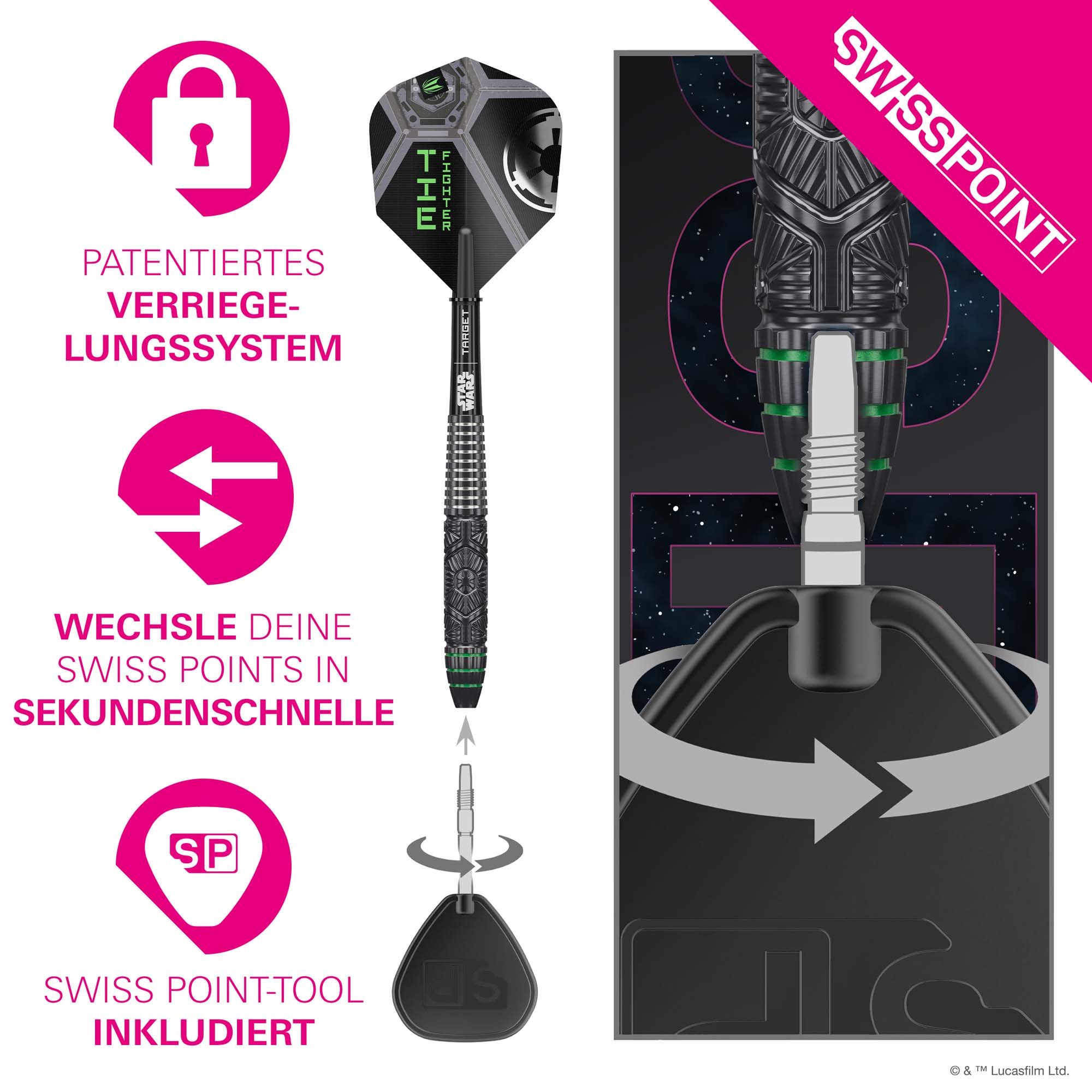 Fléchettes en acier Target Star Wars Tie Fighter Swiss Point Target Star Wars Tie Fighter Swiss Point Steeldarts ist auf dem Bild zu sehen. Es handelt sich um Steeldarts, inspiriert von Star Wars.