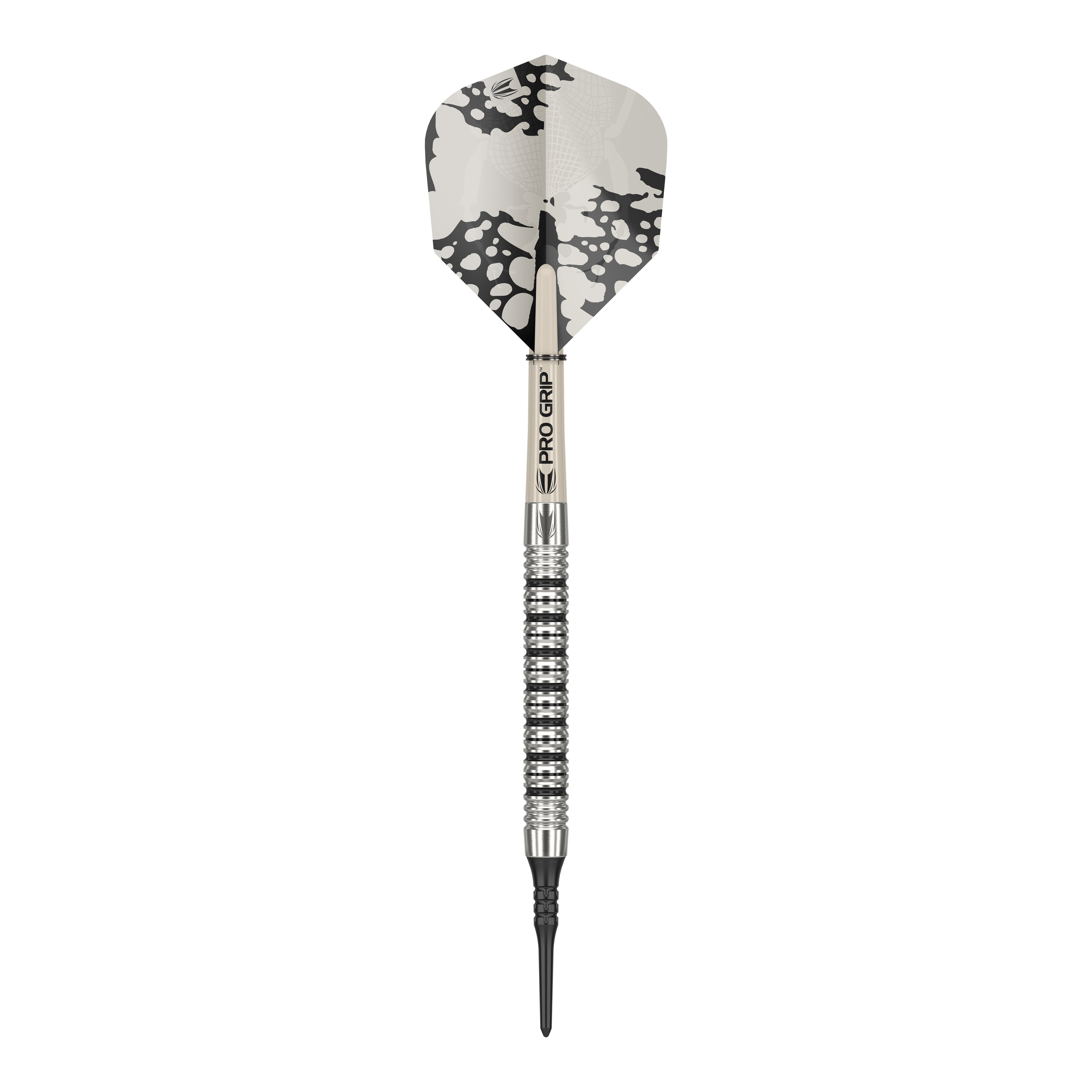 Fléchettes souples Target EXO 11 Dies ist ein Softdart des Modells "Target EXO 11". Er hat ein silbernes Barrel mit Rillen und ein Flight mit schwarz-weißem Muster.