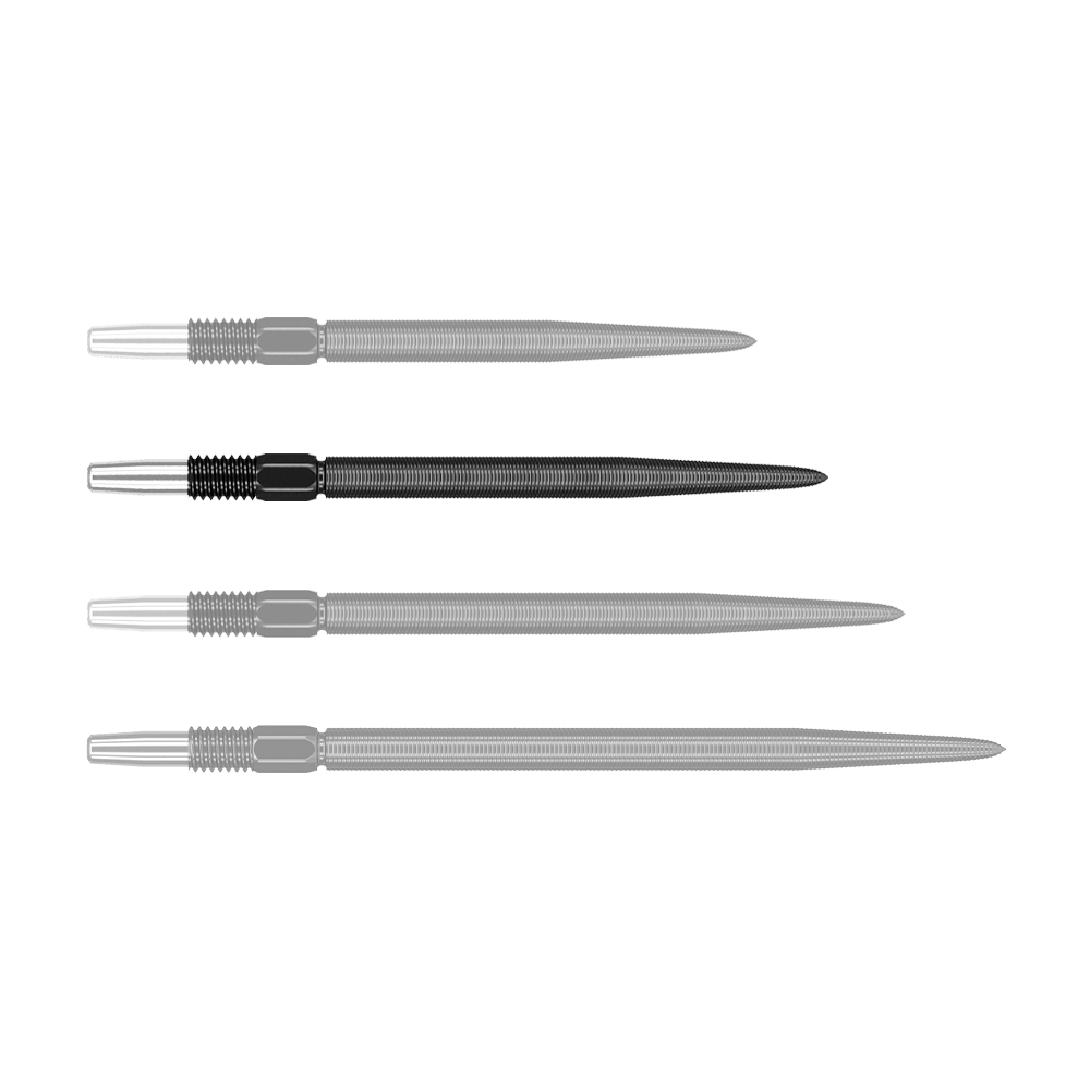 Target Swiss Point Nano Dartspitzen - Black Auf dem Bild sind vier schwarze Dartspitzen in einer Reihe zu sehen. Die Spitzen sind aus Metall und haben ein geriffeltes Muster am oberen Ende.