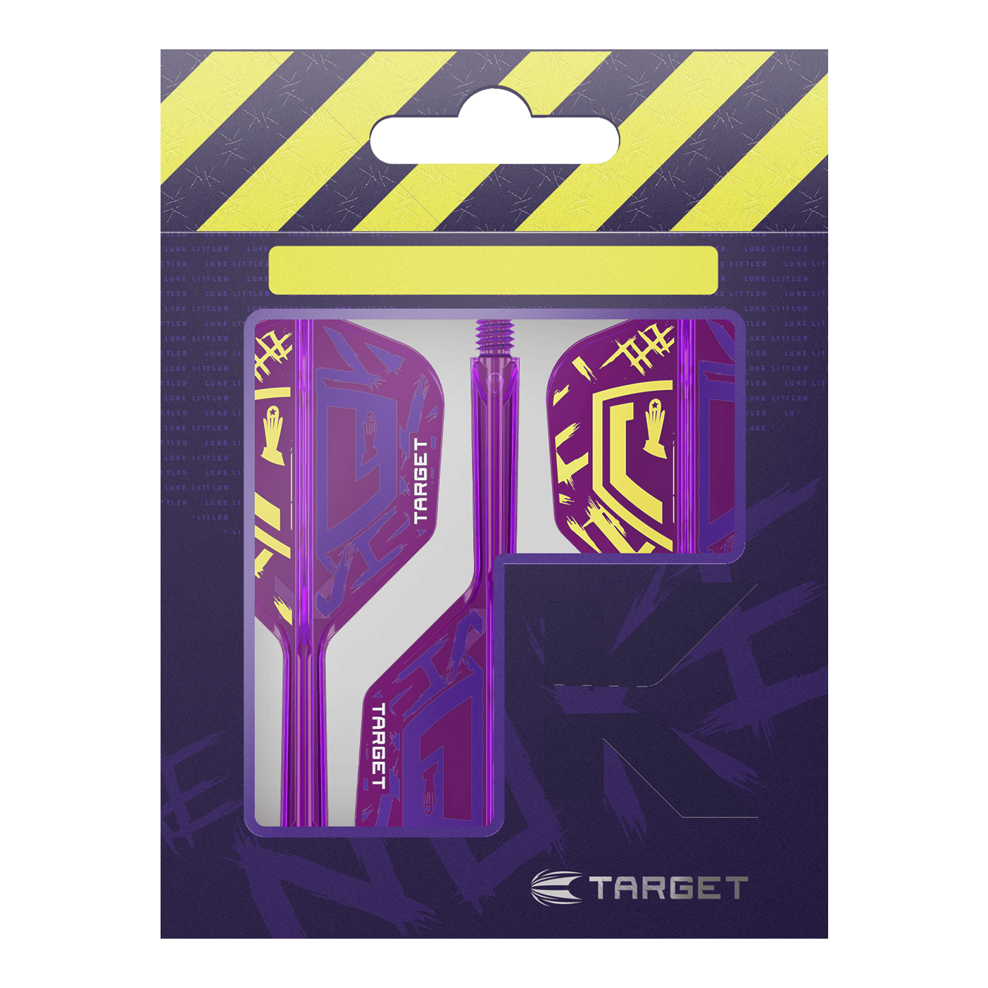 Die Verpackung zeigt die Target K-Flex Luke Littler World Champion 2025 No6 Flights. Die Flights sind vorwiegend lila mit gelben Akzenten und befinden sich in einer auffälligen Verpackung.