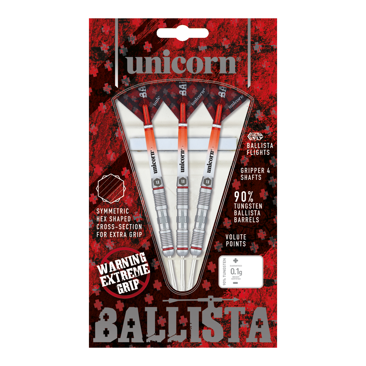 Fléchettes en acier Unicorn Ballista Style 2 Das Bild zeigt eine Packung "Unicorn Ballista Style 2 Steeldarts" mit drei Darts. Die Verpackung hebt den extremen Grip und den 90%igen Tungsten-Anteil der Barrels hervor.