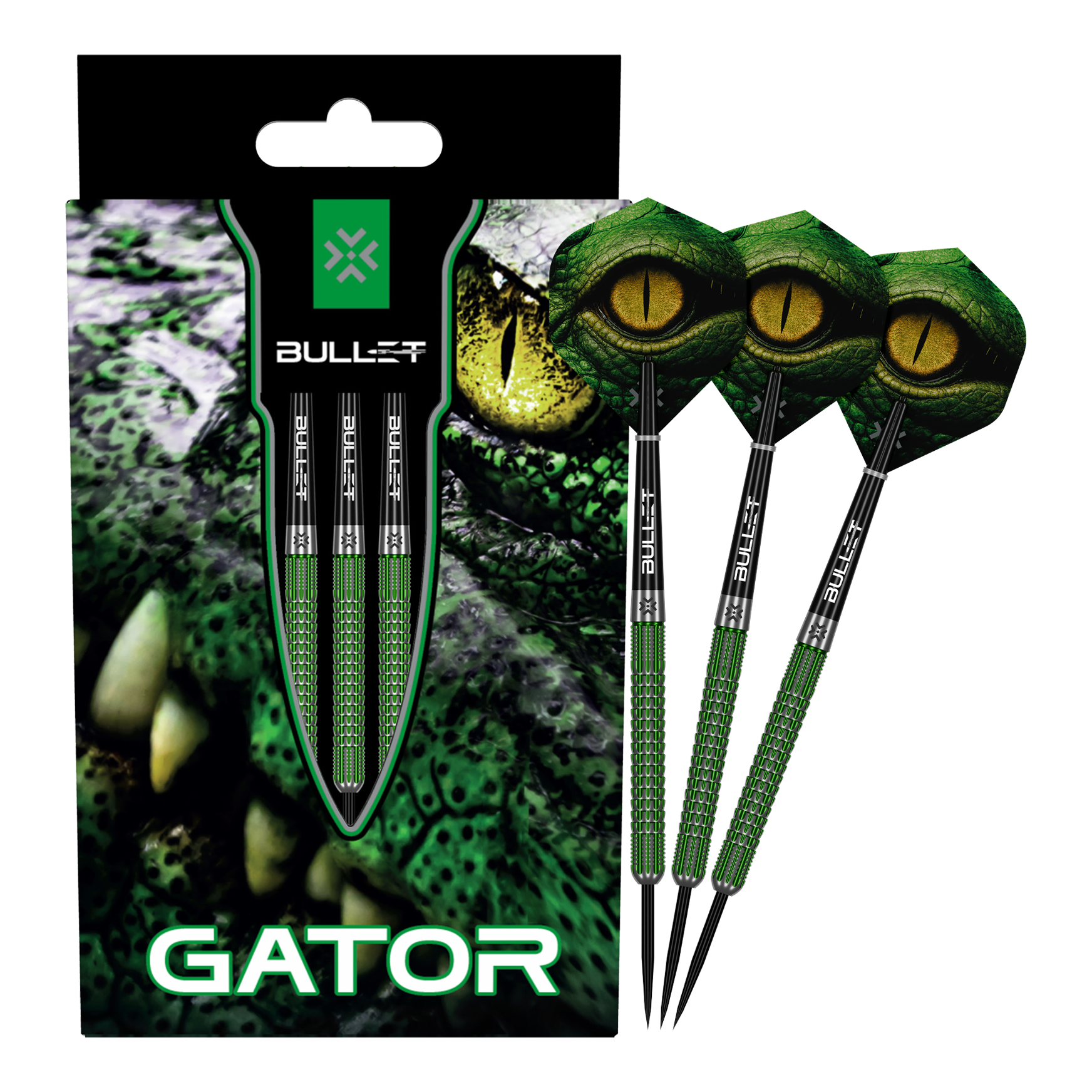 Das Bild zeigt die Bullet Gator Steeldarts. Es handelt sich um Steeldarts für den Präzisions-Dartsport.